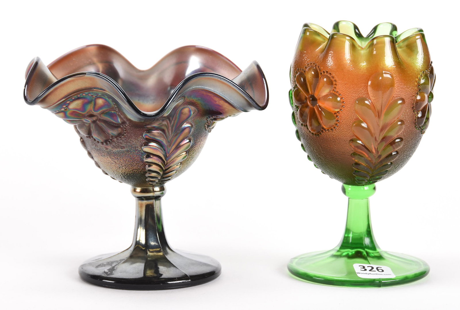 (2) Carnival Glass Items, Daisy & Plume Pattern: (2) Carnival glass items, Daisy & Plume pattern; 5.75", 5" (1) Compote, purple; (1) Stemmed Rose bowl, green; Don Anderson Collection, Kansas