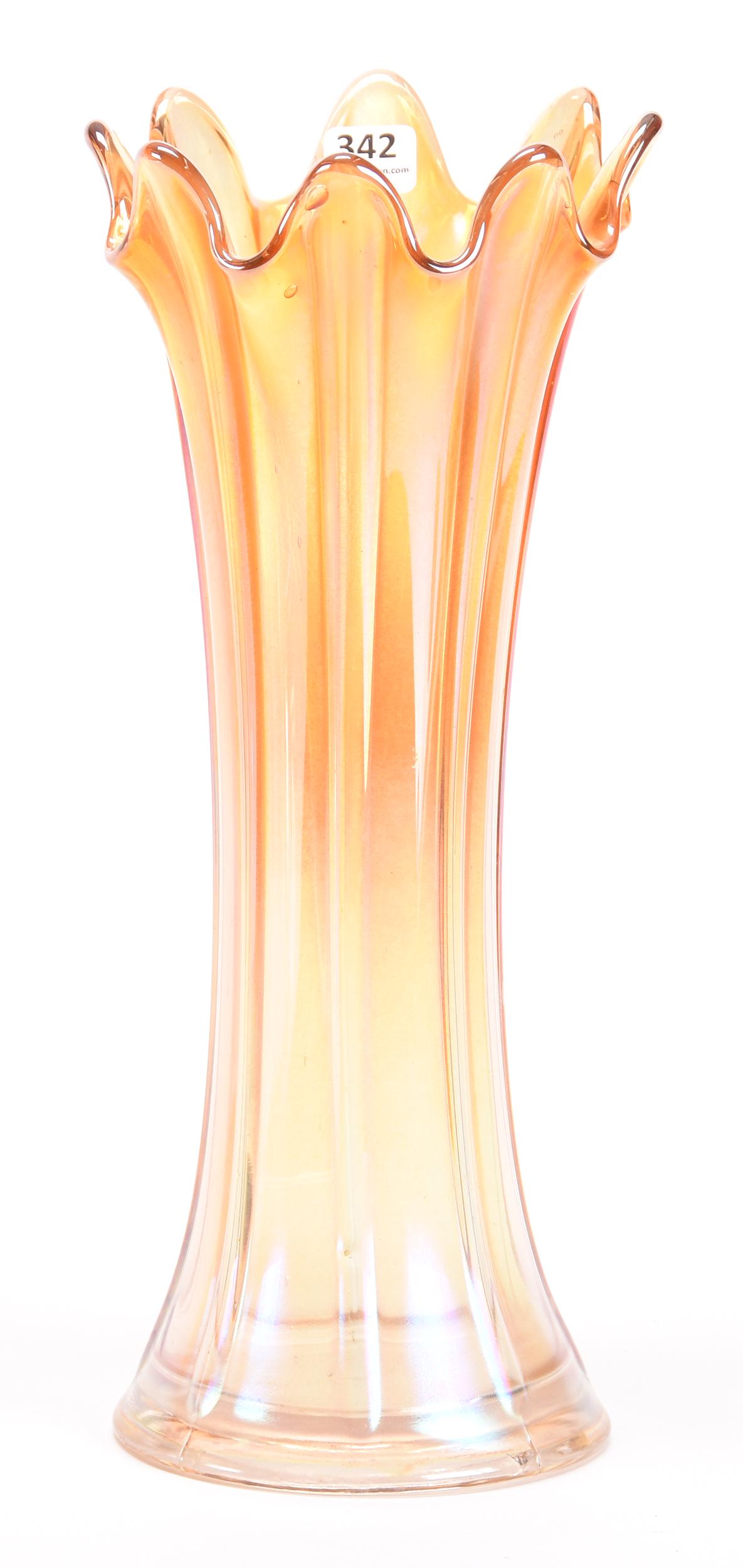 Carnival Glass Midsize Vase, Thin Rib by Northwood: Carnival glass midsize vase, Thin Rib by Northwood; 12.5" Marigold; Don Anderson Collection, Kansas