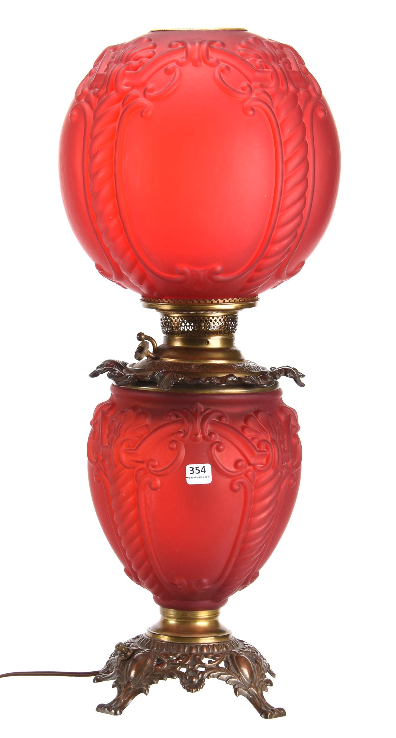 Gone with The Wind Table Lamp, Consolidated: Gone with the Wind Table Lamp, Red Satin - Consolidated, 24" Twisted Column Pattern Attributed to Consolidated Lamp Co., Electrified; Estes Estate Collection, Washington