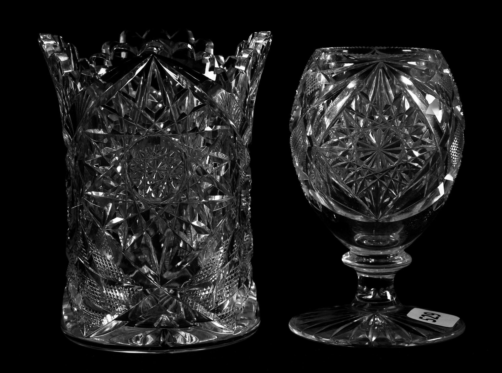(2) Items, ABCG: (2) Items, ABCG, 4.5" (1) 4.5" Spooner, Sultana Pattern by Libbey - (1) 4.25" Pedestal Toothpick Holder, Egg Shape, Hobstar, Crosscut Diamond & Strawberry Diamond, Ray Cut Foot; Estes Estate Collectio