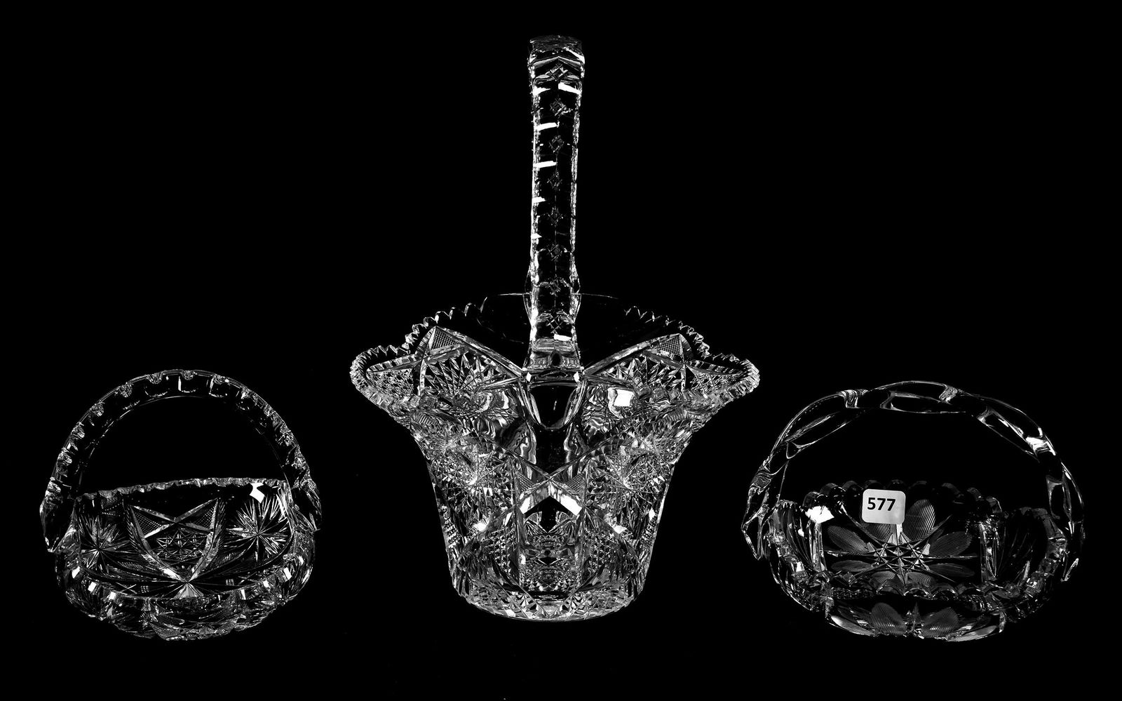 (3) Baskets, ABCG: (3) Baskets, ABCG, 5" 11" (1) 11" Major Handle Crack, Hobstar, Nailhead Diamond and Bullseye - (1) 5" Signed Taylor Brothers Palm Pattern - (1) 5" Star and Fan Motif with Twist Handle; Estes Estate Co