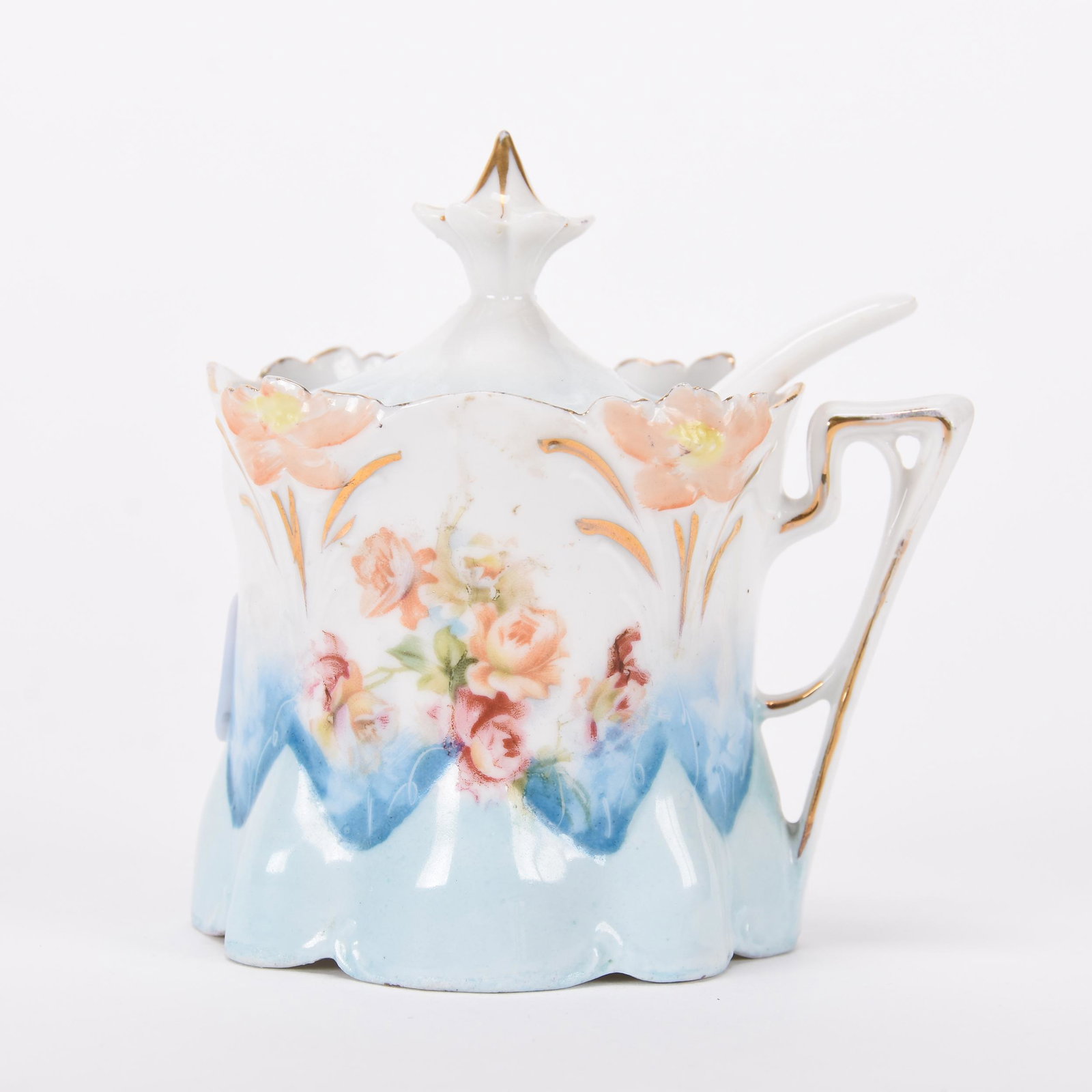 Mustard jar, unmarked R.S. Prussia: Mustard jar, unmarked R.S. Prussia; 3.5" Lily mold, blue and white tones, rose decor, with spoon; Hopper Collection, Kansas