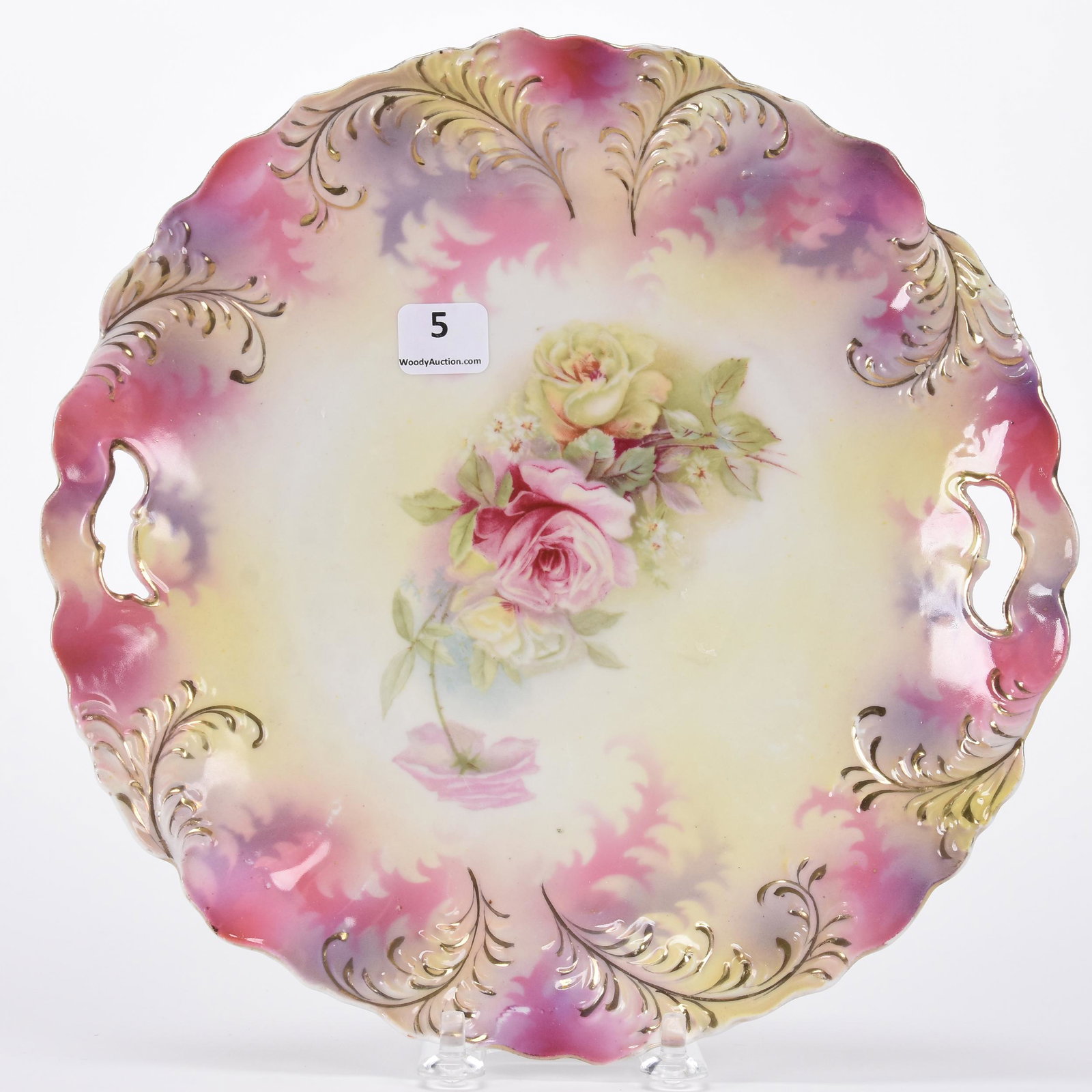 Cake plate marked R.S. Prussia: Cake plate marked R.S. Prussia; 9.75" Plume mold, pink, yellow and lavender tones, pink and yellow rose decor; Hopper Collection, Kansas