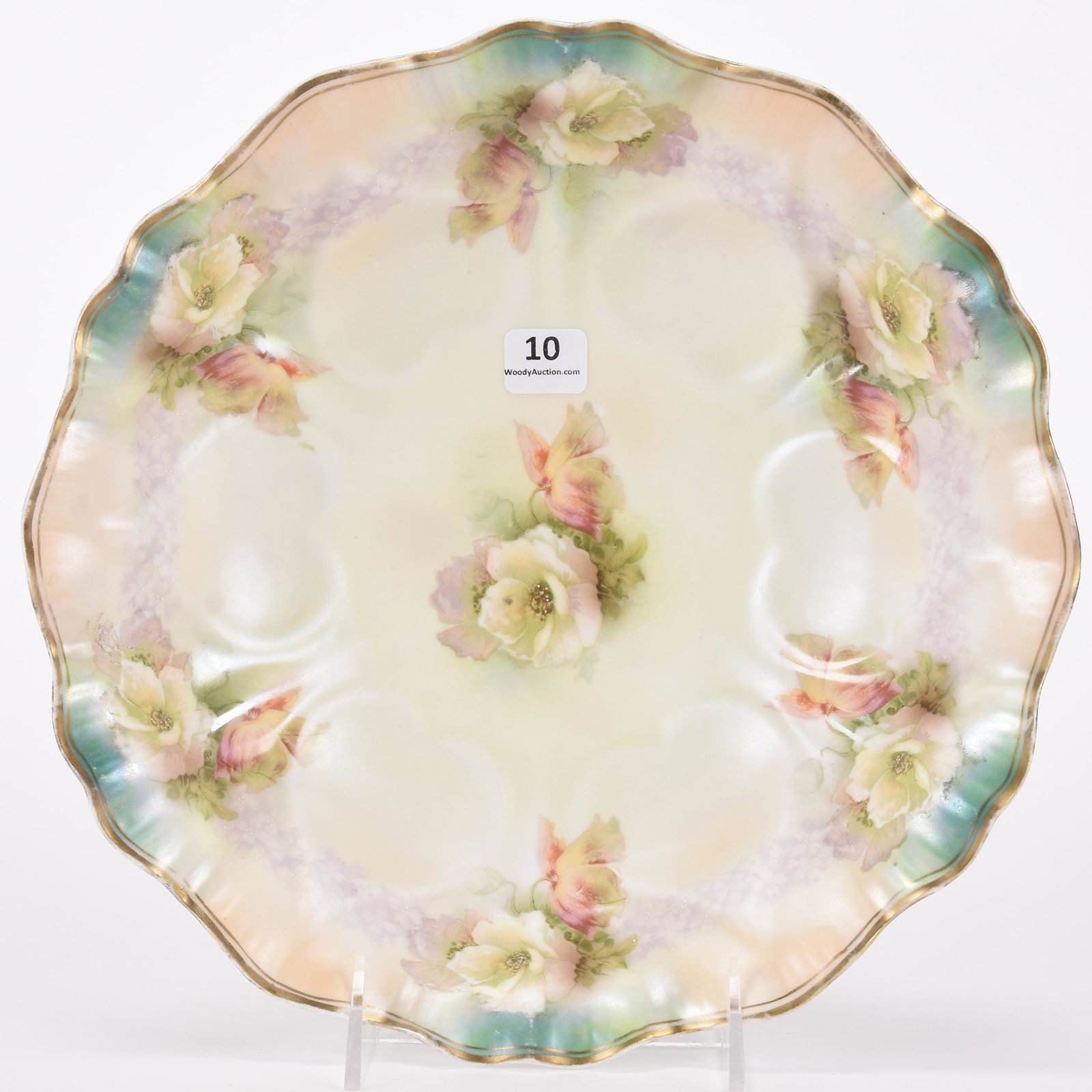 Bowl marked R.S. Prussia: Bowl marked R.S. Prussia; 10.25" Heart mold design, peach, green and white satin finish, white poppy decor ; Hopper Collection, Kansas