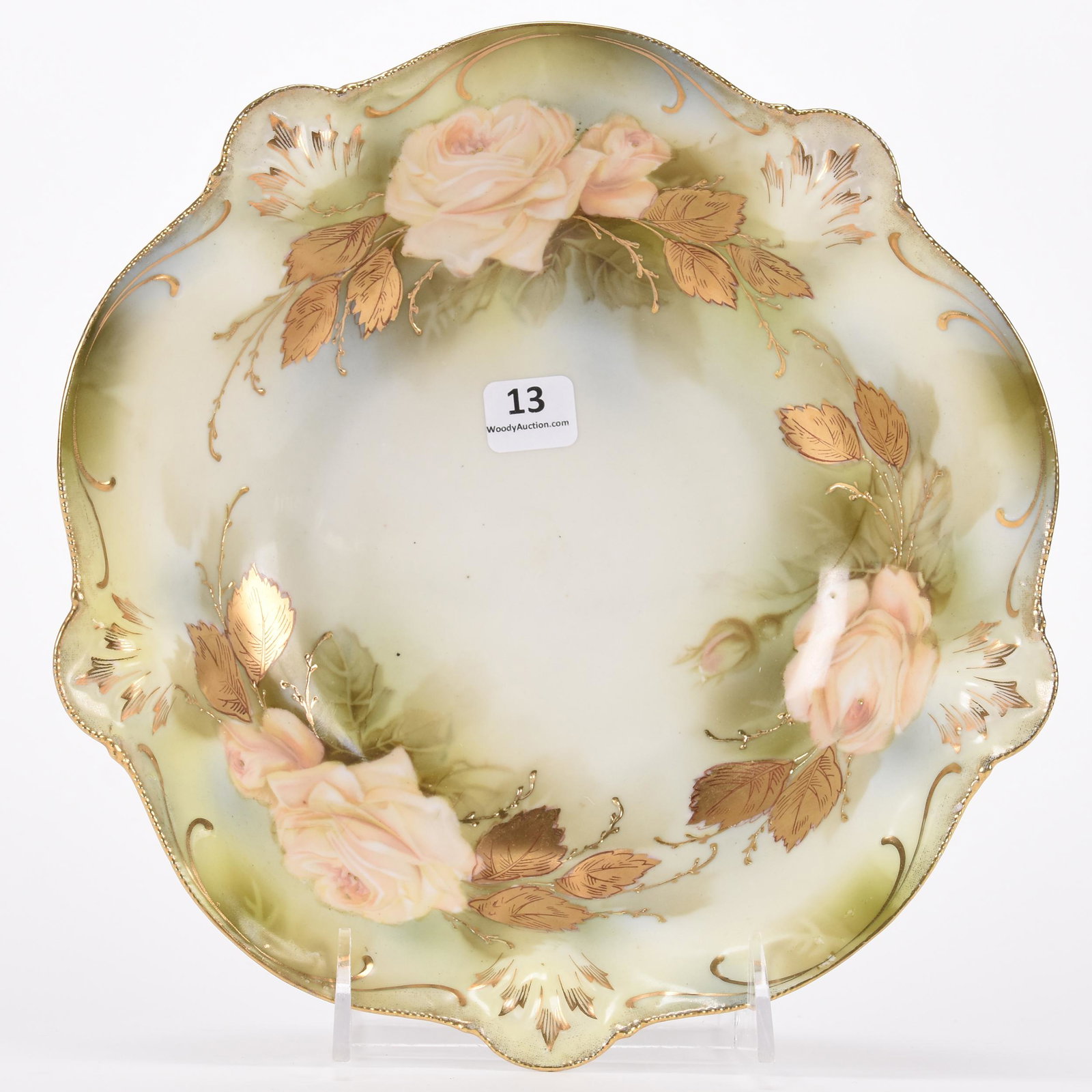 Bowl marked R.S. Prussia: Bowl marked R.S. Prussia; 9.5" Green and white tones with peach color rose decor, heavy stylized gold leaf highlights; Hopper Collection, Kansas