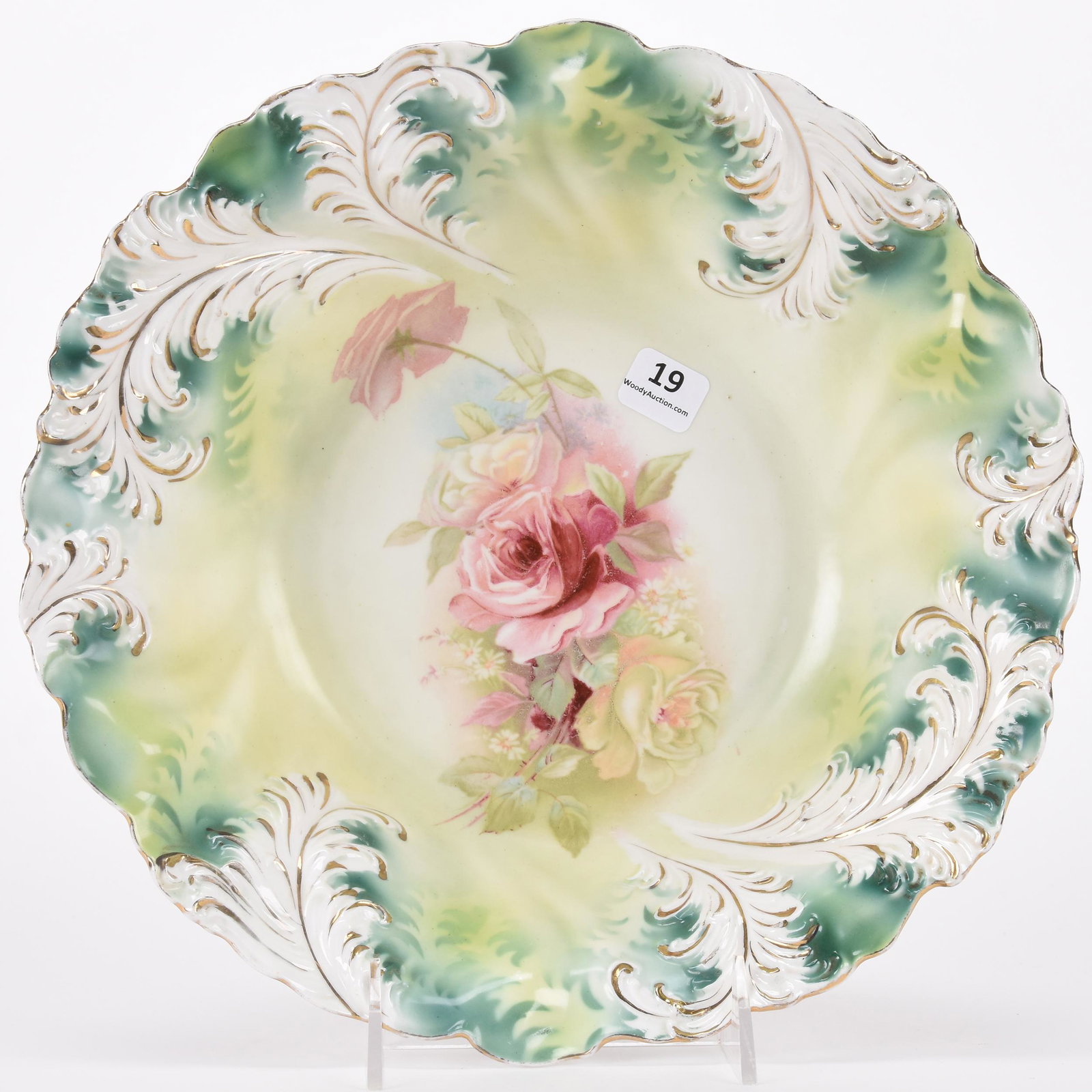 Bowl marked R.S. Prussia: Bowl marked R.S. Prussia; 11" Plume mold, green tones with pink and yellow rose decor; Hopper Collection, Kansas