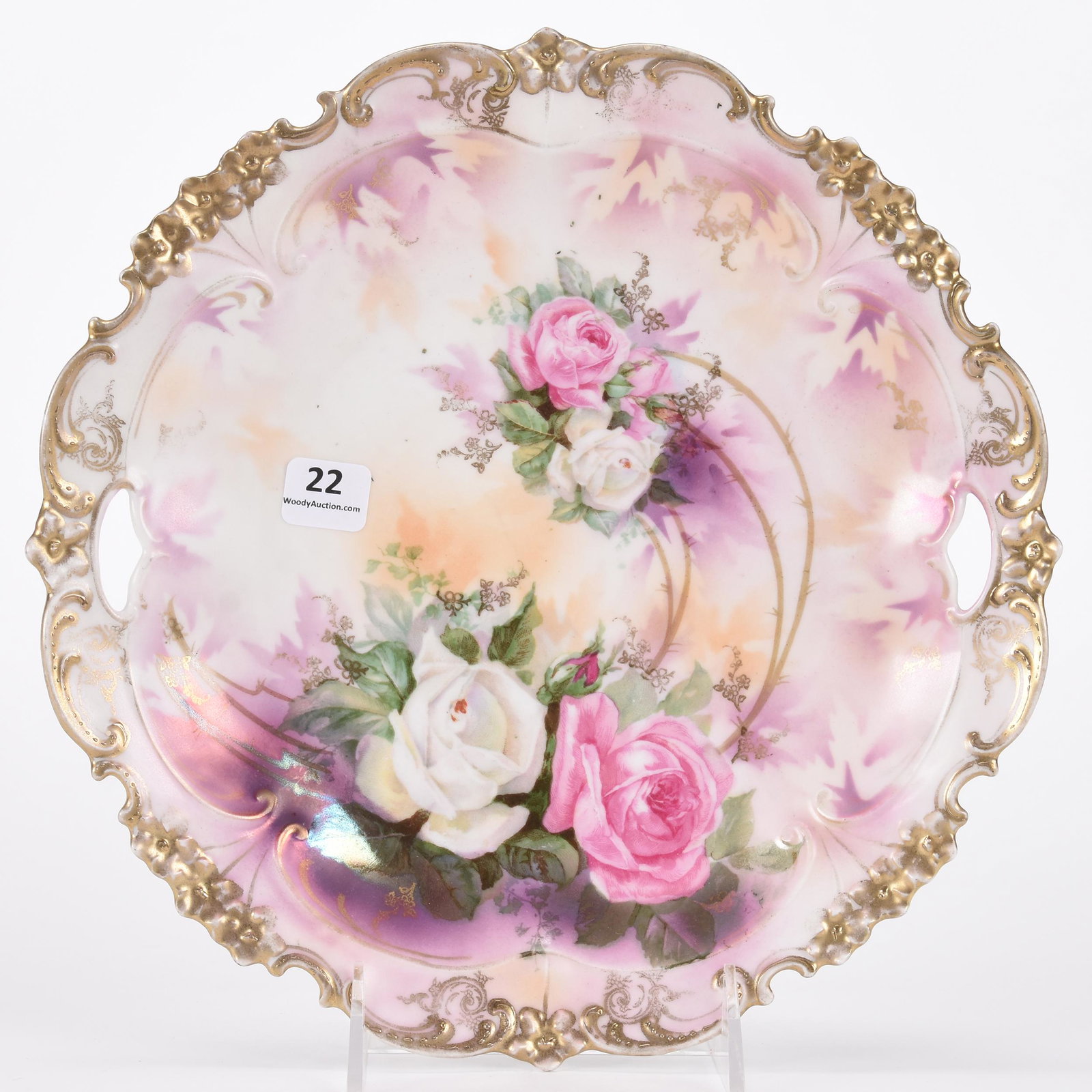 Cake plate marked R.S. Prussia: Cake plate marked R.S. Prussia; 10.25" Lavender and white satin finish, pink and white rose decor, gold trim; Hopper Collection, Kansas
