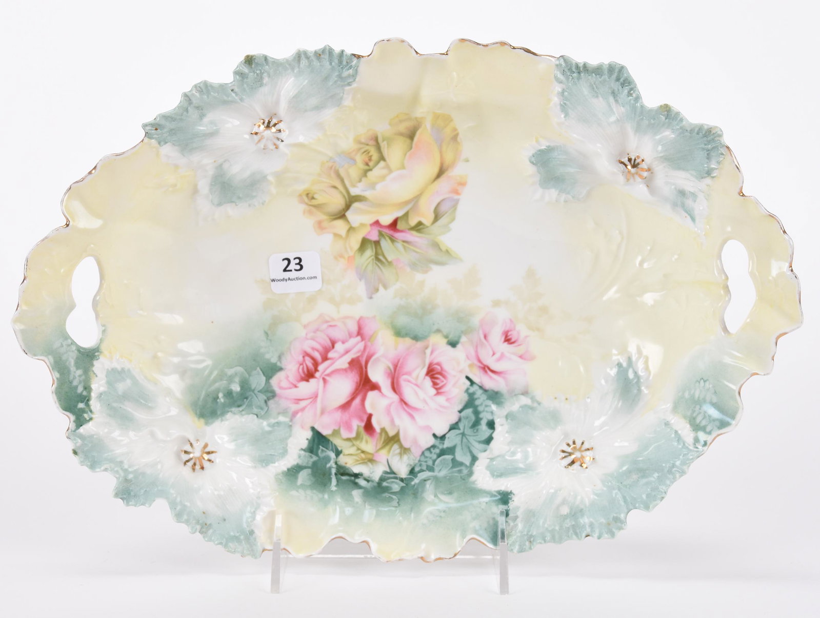 Bun tray marked R.S. Prussia: Bun tray marked R.S. Prussia; 12.5" Carnation mold, pink and yellow rose decor; Hopper Collection, Kansas