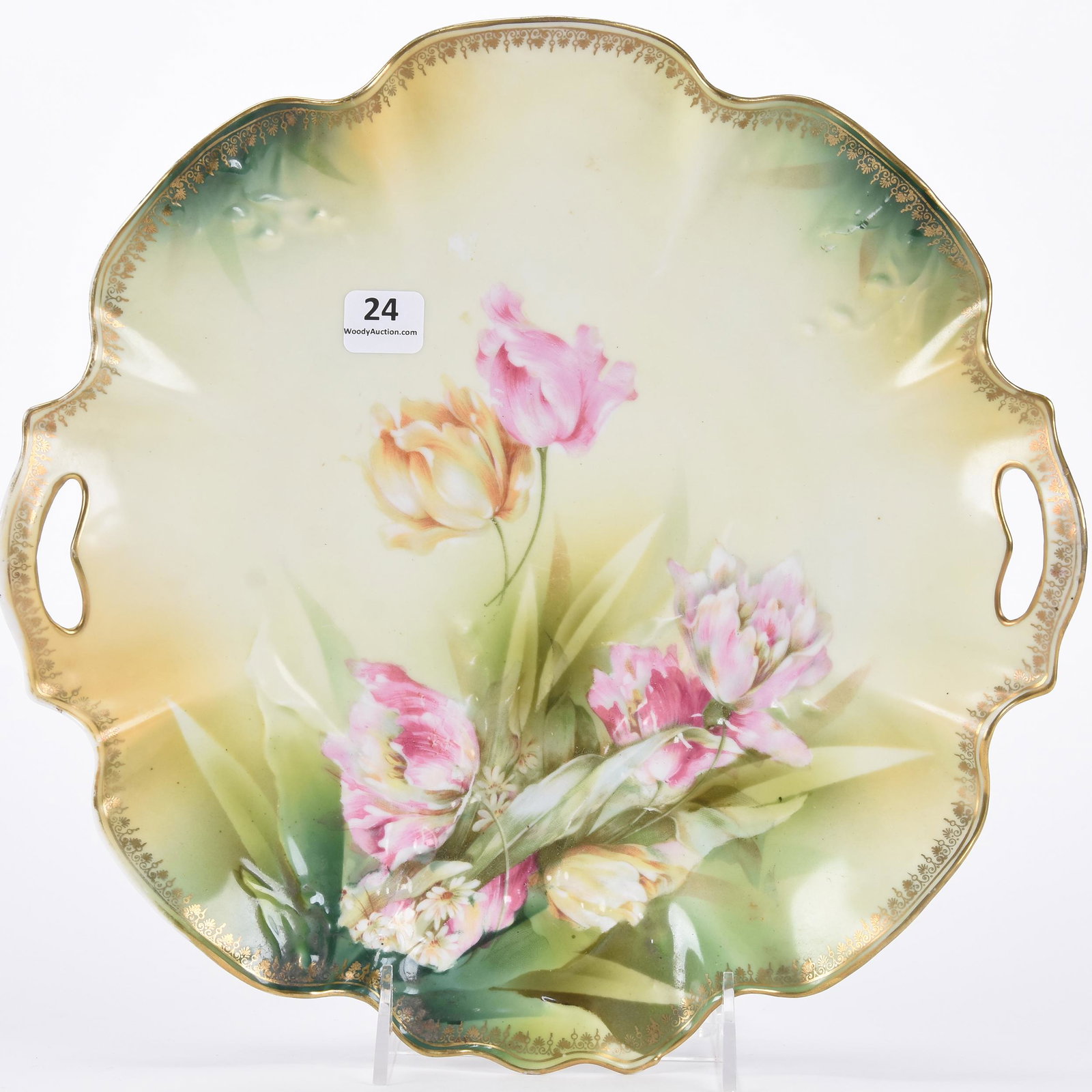 Cake plate marked R.S. Prussia: Cake plate marked R.S. Prussia; 11.5" Lily of Valley mold, green and yellow tones, pink tulip decor; Hopper Collection, Kansas