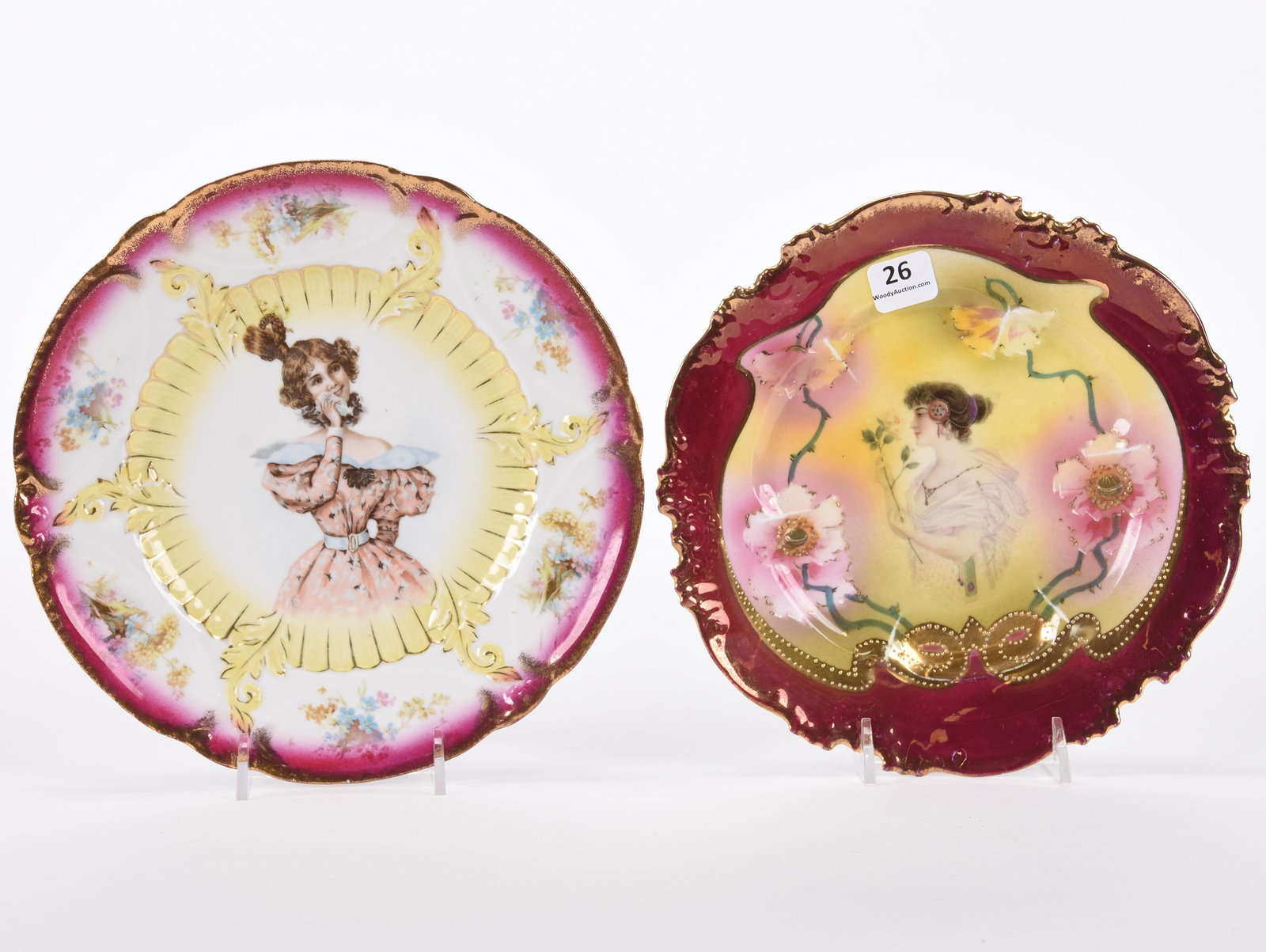 (2) Plates, E.S. Germany: (2) Plates, both E.S. Germany, one is ProvSaxe, one is Royal Saxe; (1) 8.25" Royal Saxe, yellow, white and pink tones, portrait of woman holding handkerchief; (1) 8" ProvSaxe, yellow and green tones w