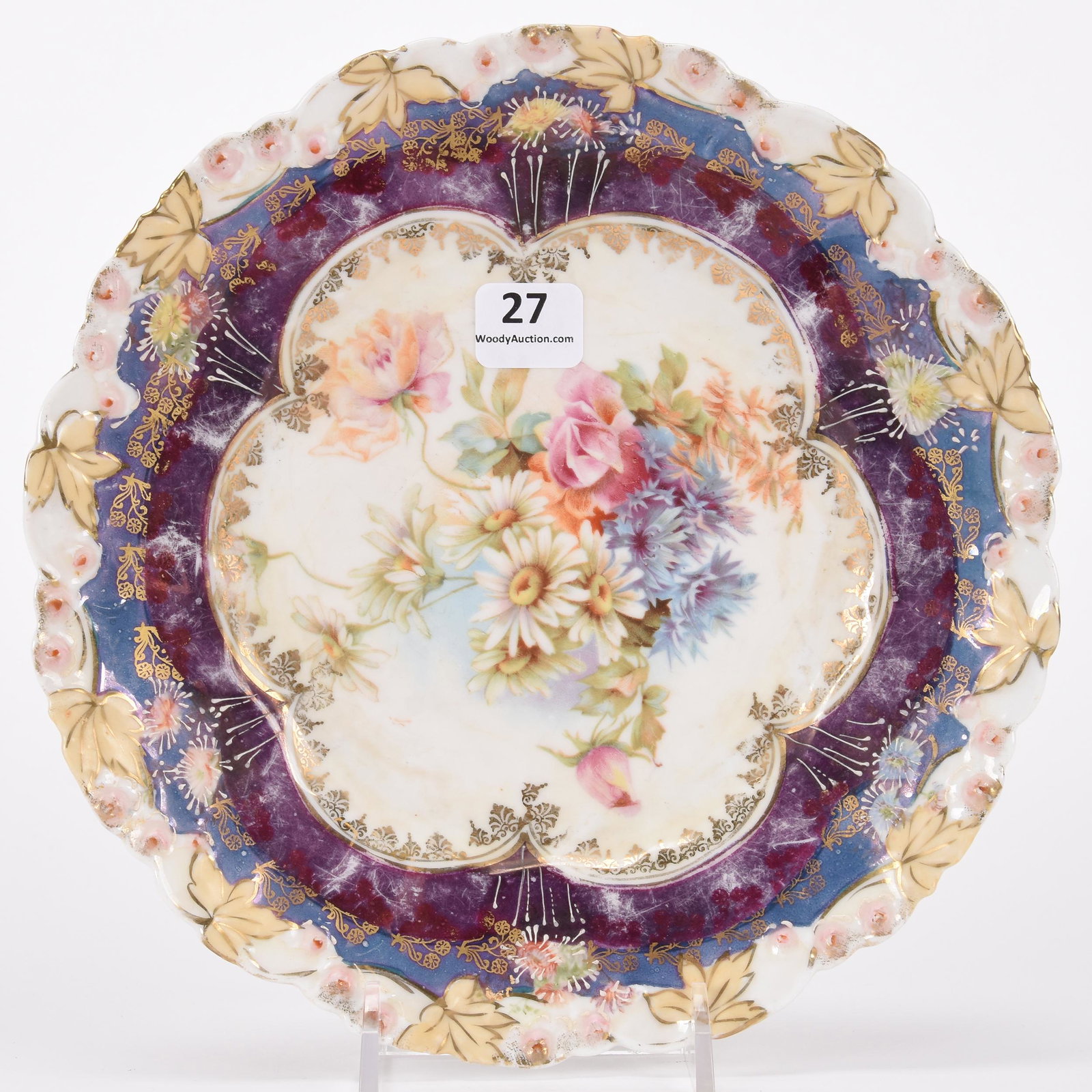 Plate marked R.S. Steeple: Plate marked R.S. Steeple; 8.25" Rosebud mold, cream, lavender and blue tones with wild floral decor; Hopper Collection, Kansas