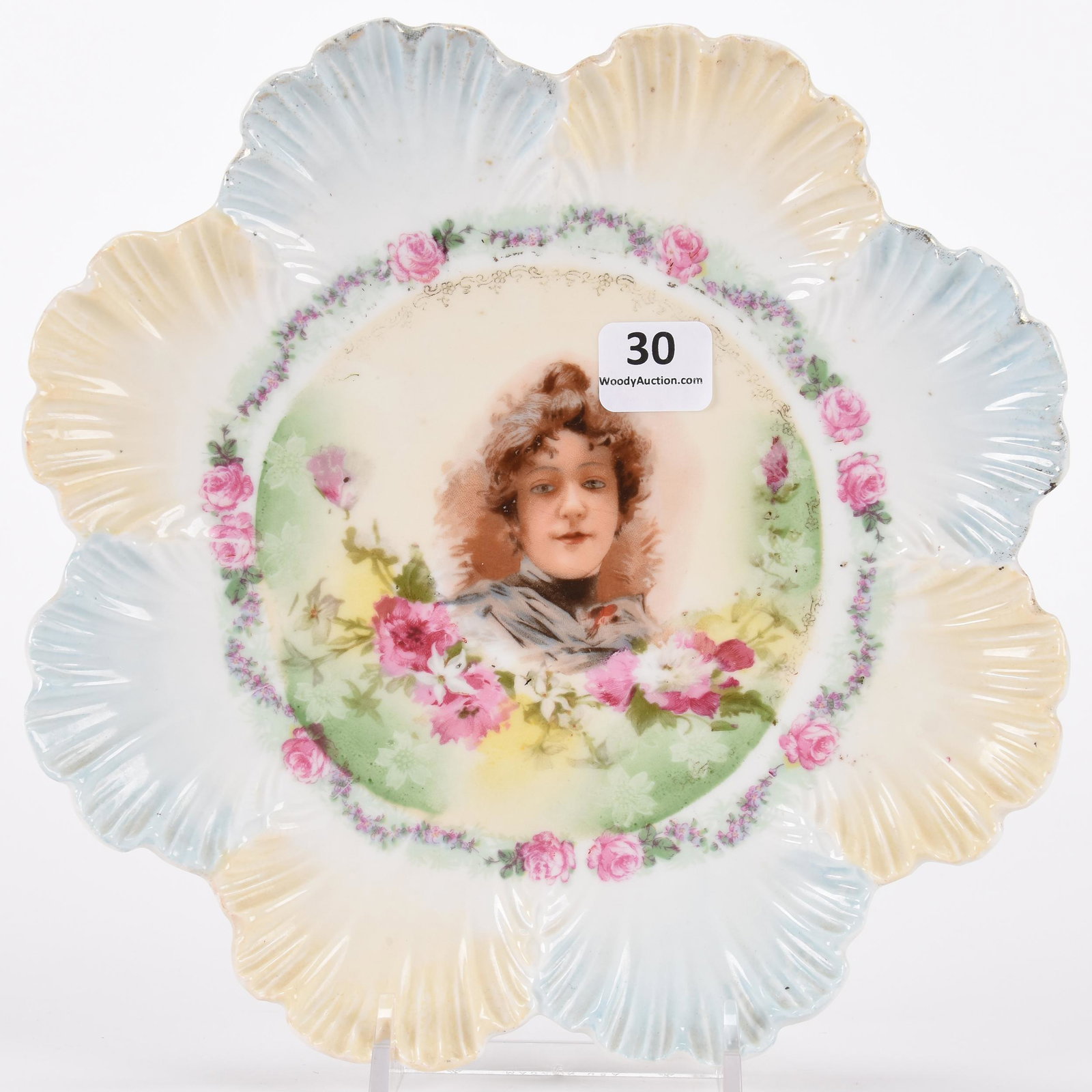 Plate, unmarked Prussia: Plate, unmarked Prussia; 8.25" Scallop mold, green, cream and blue tones, portrait of Flossie ; Hopper Collection, Kansas