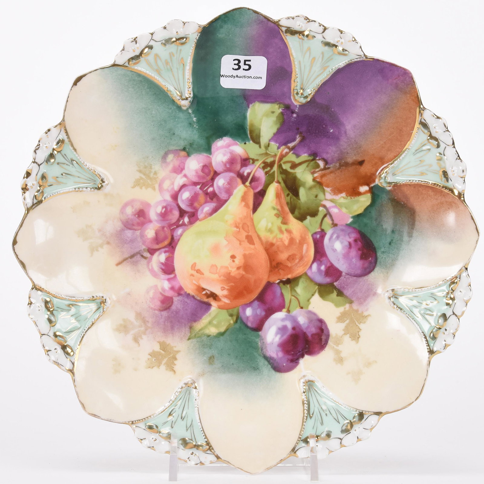 Plate marked R.S. Prussia: Plate marked R.S. Prussia; 8.75" Cream, green and lavender tones, fruit decor; Hopper Collection, Kansas