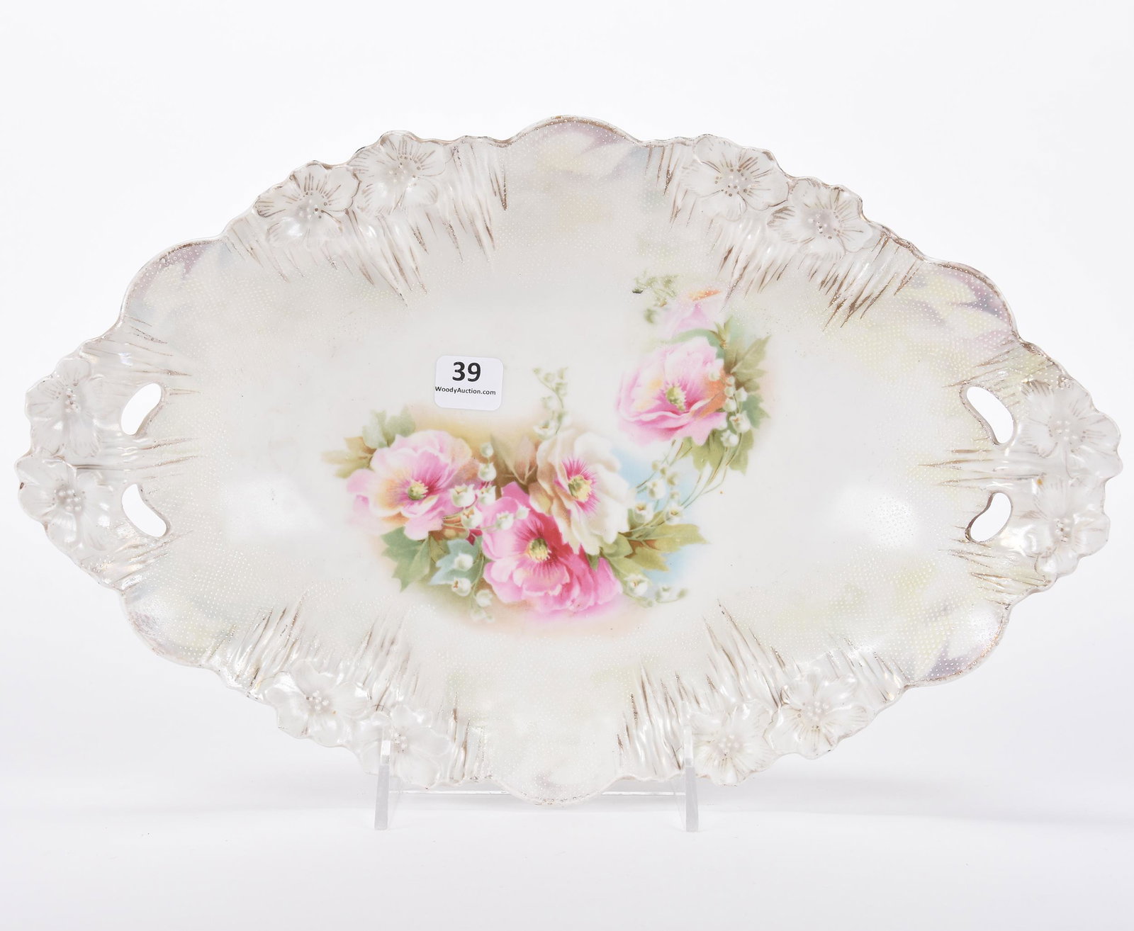 Bun tray marked R.S. Prussia: Bun tray marked R.S. Prussia; 13" White satin finish, icicle mold, tapestry border highlights, floral decor ; Hopper Collection, Kansas