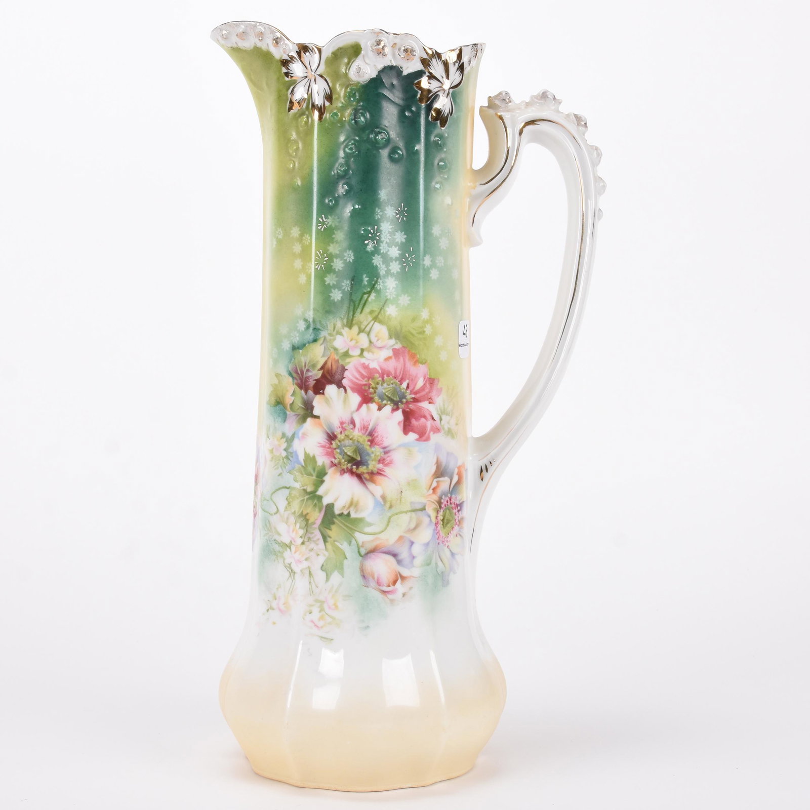 Tankard marked R.S. Steeple: Tankard marked R.S. Steeple; 14" Rosebud mold, green, cream and white tones, poppy decor ; Hopper Collection, Kansas