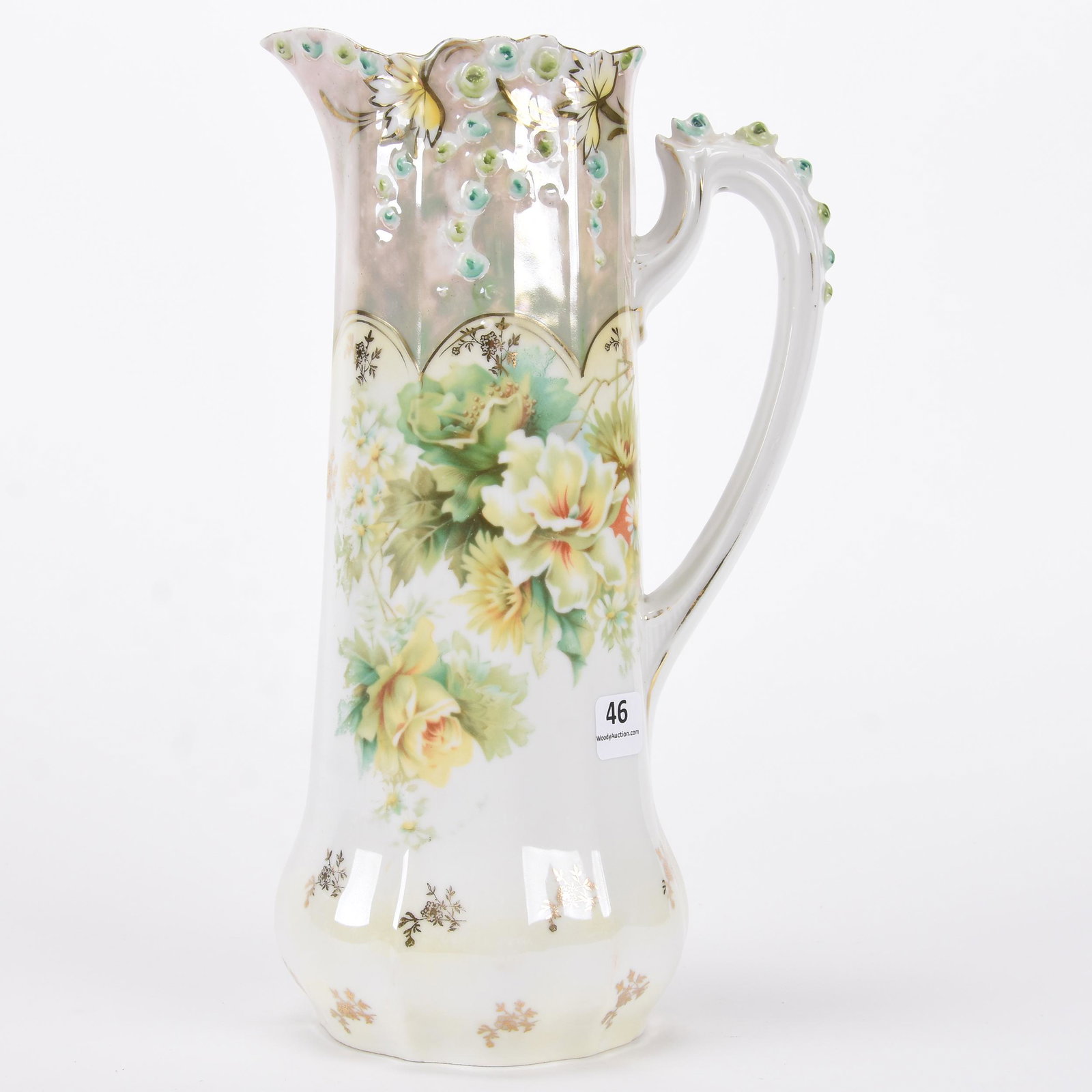 Tankard marked R.S. Steeple: Tankard marked R.S. Steeple; 11.25" Rosebud mold, white, yellow and green tones, yellow floral decor, lustre finish; Hopper Collection, Kansas