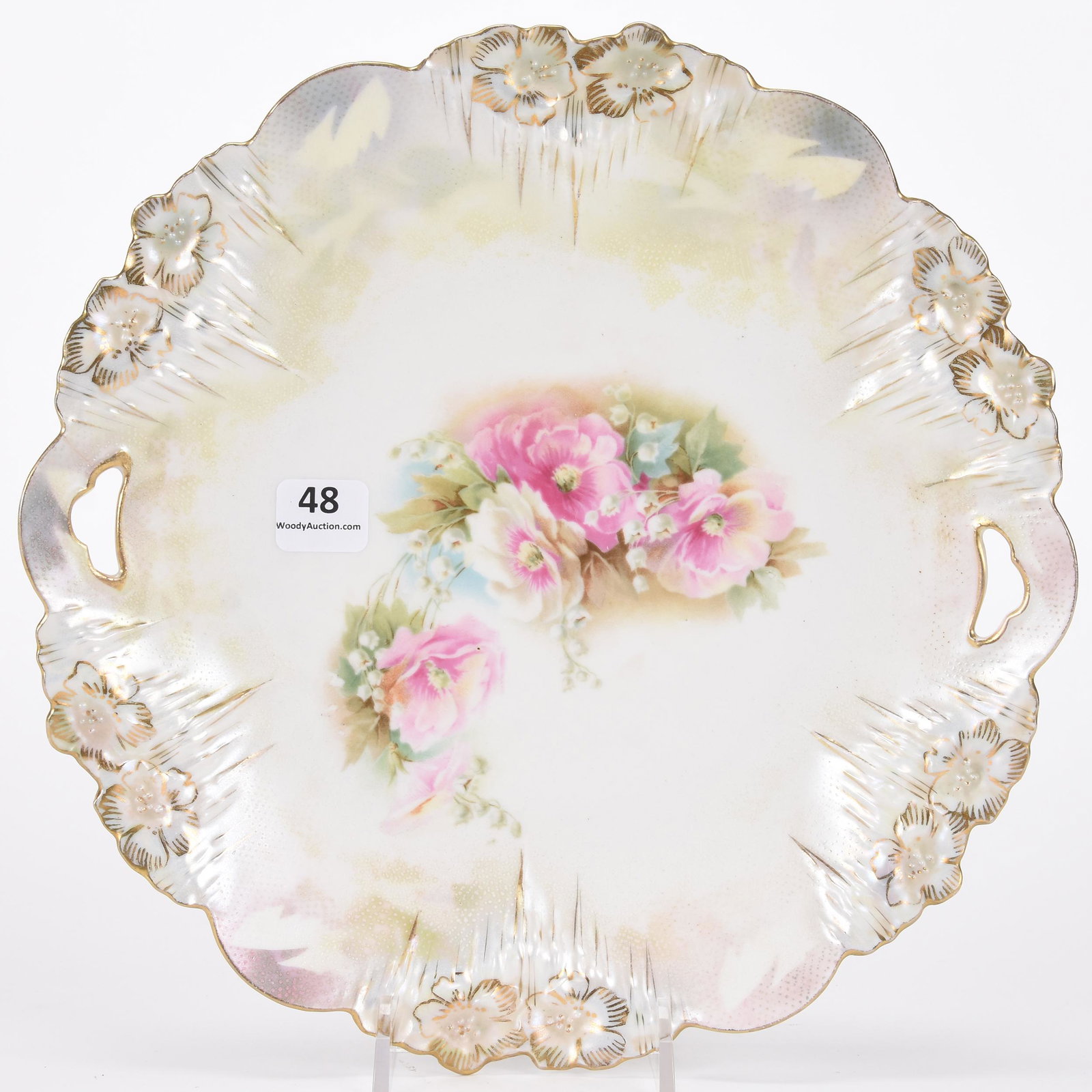 Cake plate, unmarked Prussia: Cake plate, unmarked Prussia; 9.75" Icicle mold, white, yellow and Tiffany satin finish, floral decor, tapestry border highlights; Hopper Collection, Kansas