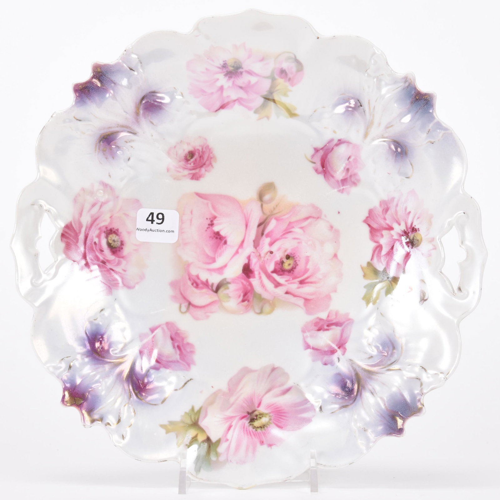 Cake plate marked R.S. Prussia: Cake plate marked R.S. Prussia; 9.5" Iris mold, white and lavender satin finish with pink poppy decor; Hopper Collection, Kansas