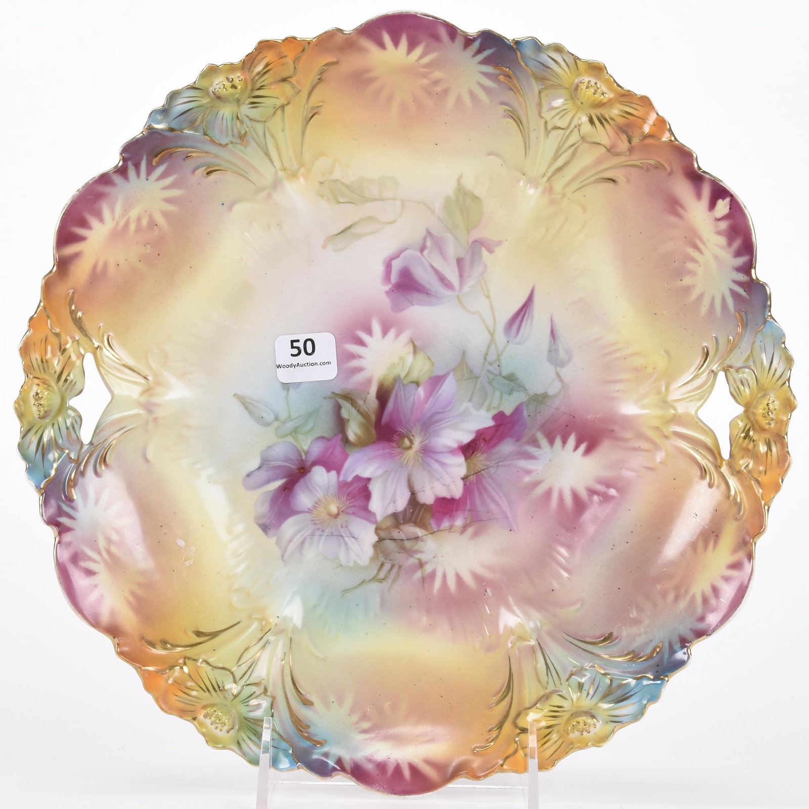Cake plate, unmarked Prussia: Cake plate, unmarked Prussia; 11" Lily mold, yellow, lavender, green and blue tones, violet decor ; Hopper Collection, Kansas