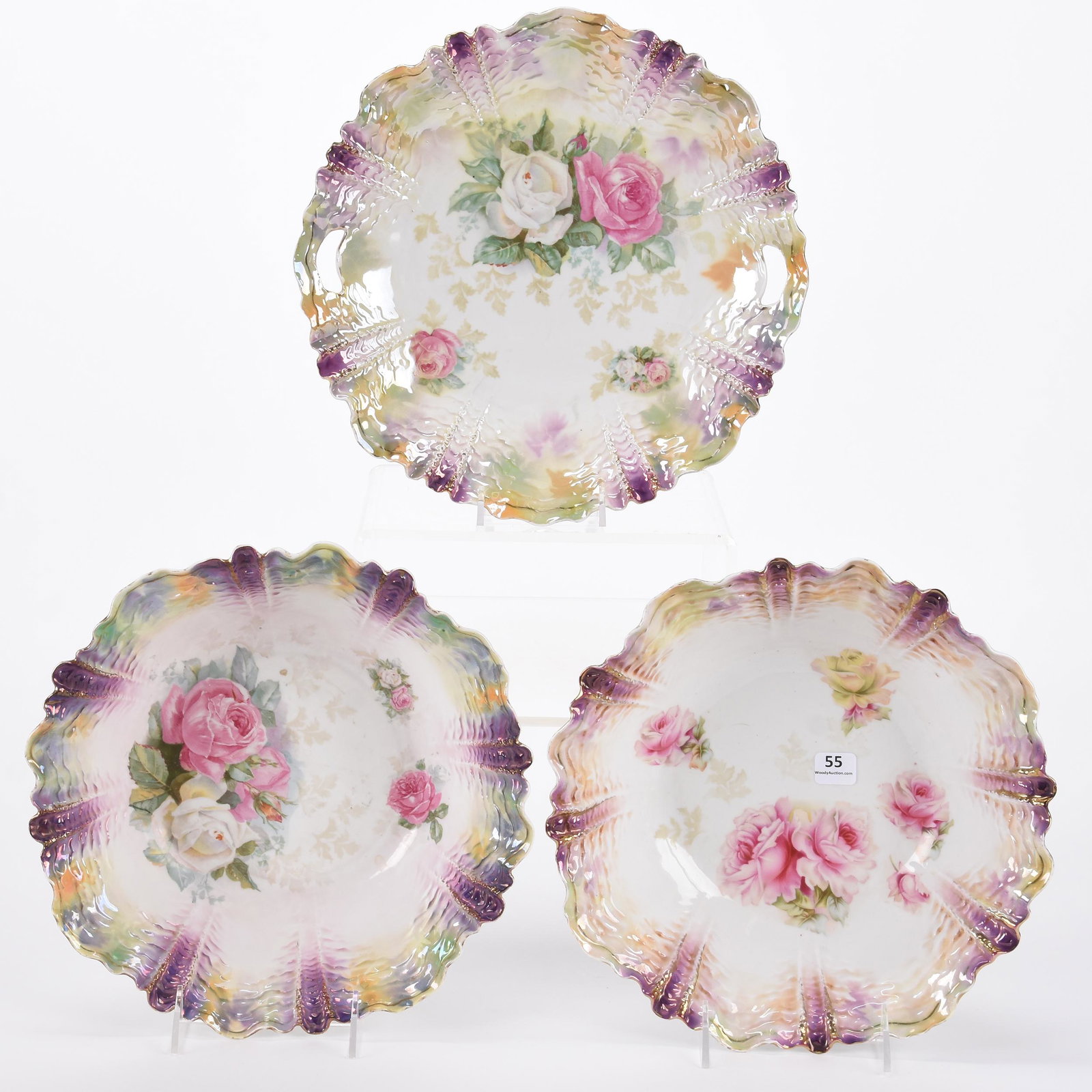 (3) Marked R.S. Prussia: (3) Marked R.S. Prussia; 11", 10.75" (2) Bowls; (1) Cake Plate - All are ripple mold with lustre finish - all are white, lavender and green tones with rose decor ; Hopper Collection, Kansas