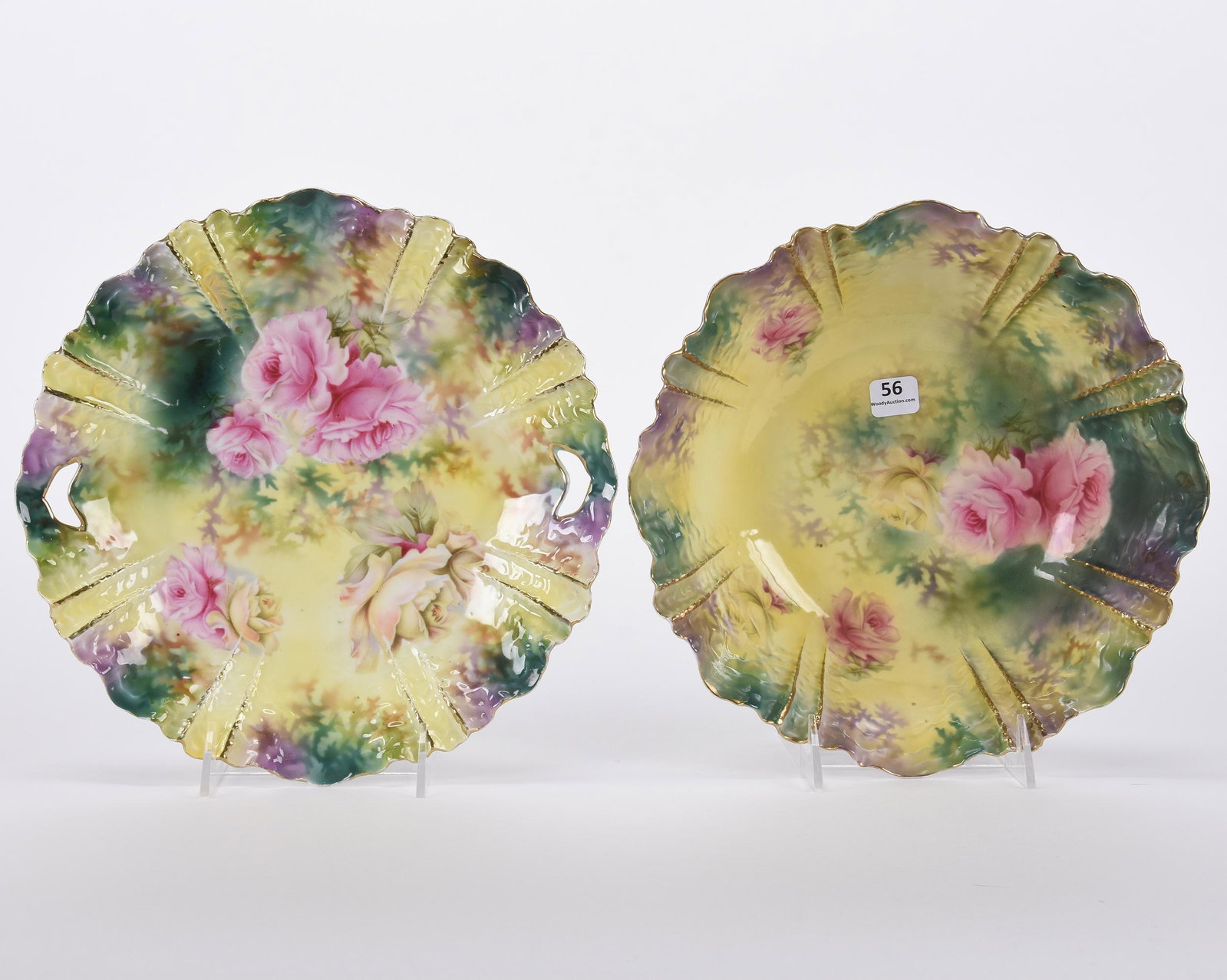 Matching cake plate & bowl marked R.S. Prussia: Matching cake plate & bowl marked R.S. Prussia; 10.25" ; Ripple mold, lavender, green and yellow tones with pink and yellow rose decor ; Hopper Collection, Kansas