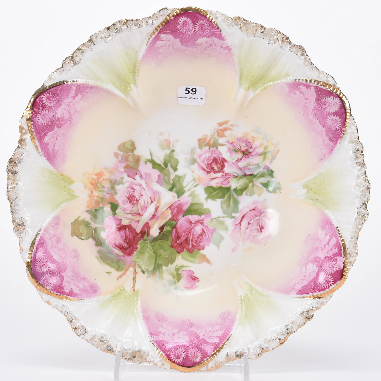 Bowl marked R.S. Prussia: Bowl marked R.S. Prussia; 10.75" Dome mold, cream, pink and green tones with pink rose decor; Hopper Collection, Kansas
