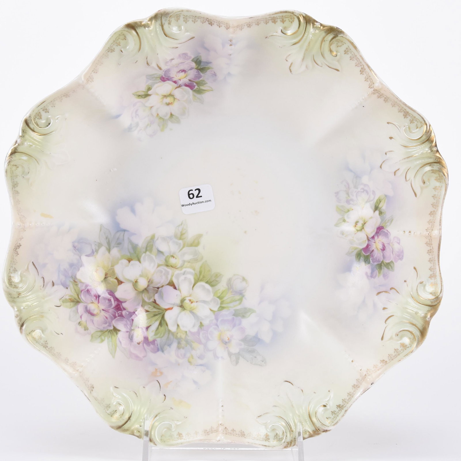Bowl marked R.S. Prussia: Bowl marked R.S. Prussia; 11" White and green satin finish with white and lavender floral decor; Hopper Collection, Kansas
