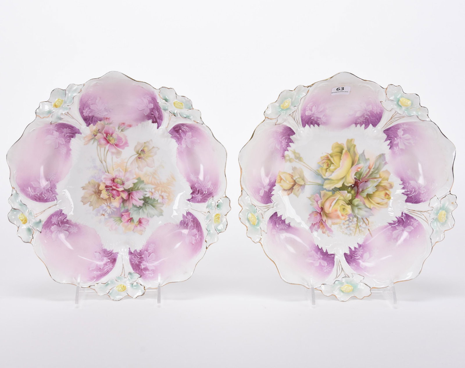 (2) Bowls, unmarked Prussia: (2) Bowls, unmarked Prussia; 10.5" Lily mold, both are white and lavender tones, one with rose decor, one with wild poppy decor ; Hopper Collection, Kansas