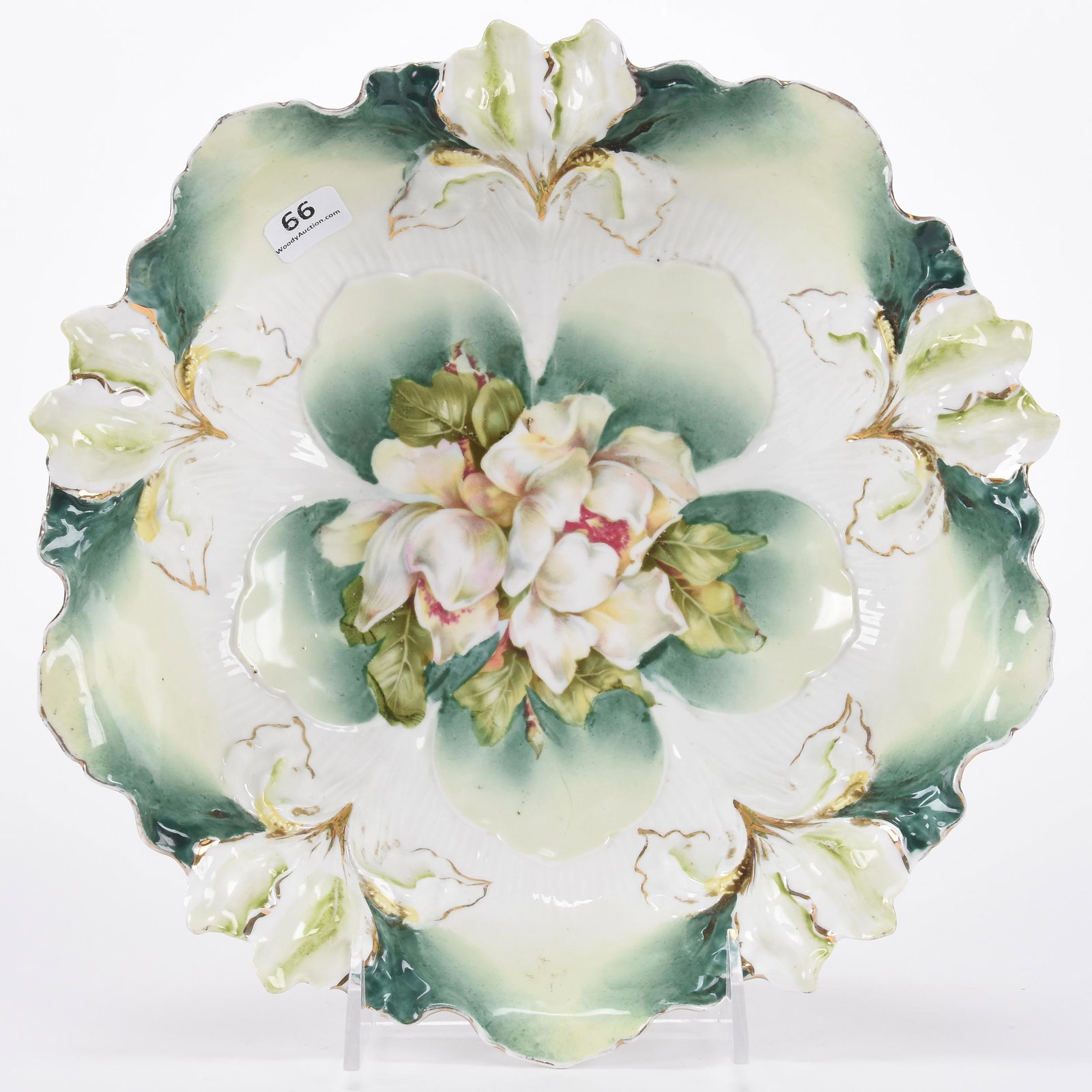 Bowl marked R.S. Prussia: Bowl marked R.S. Prussia; 10.5" Iris mold, white and green tones with magnolia decor; Hopper Collection, Kansas