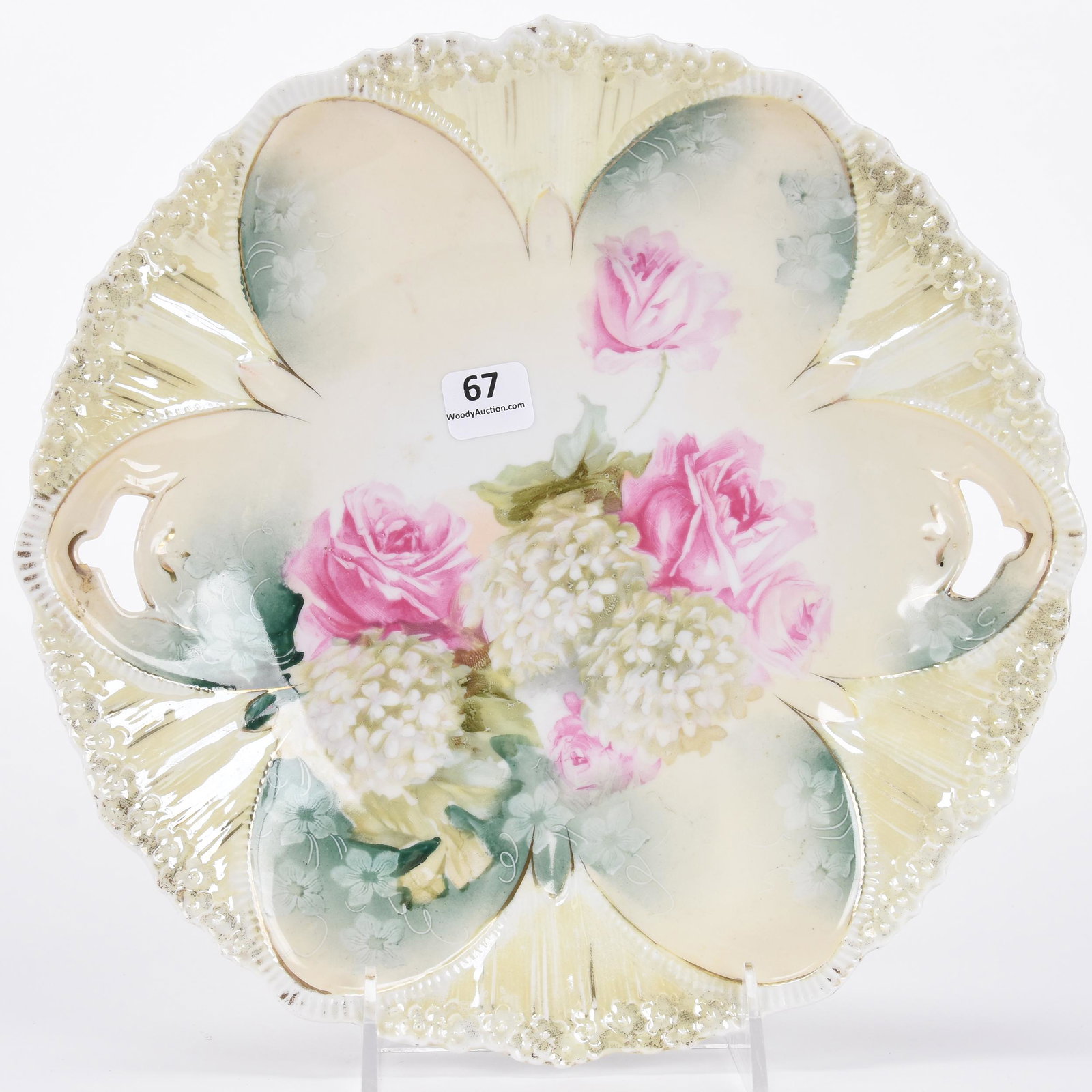 Cake plate, unmarked Prussia: Cake plate, unmarked Prussia; 10.5" Dome mold, cream and green tones with snowball and rose decor; Hopper Collection, Kansas