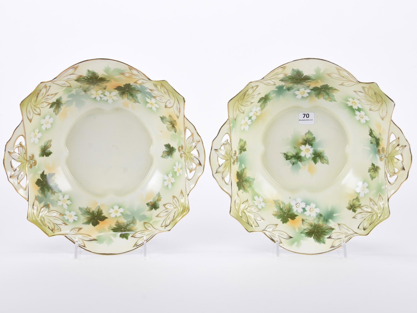 (2) Bowls marked R.S. Prussia: (2) Bowls marked R.S. Prussia; 11" Green tones with dogwood decor - Same mold, only difference is that one is decorated in center of bowl, the other is not; Hopper Collection, Kansas