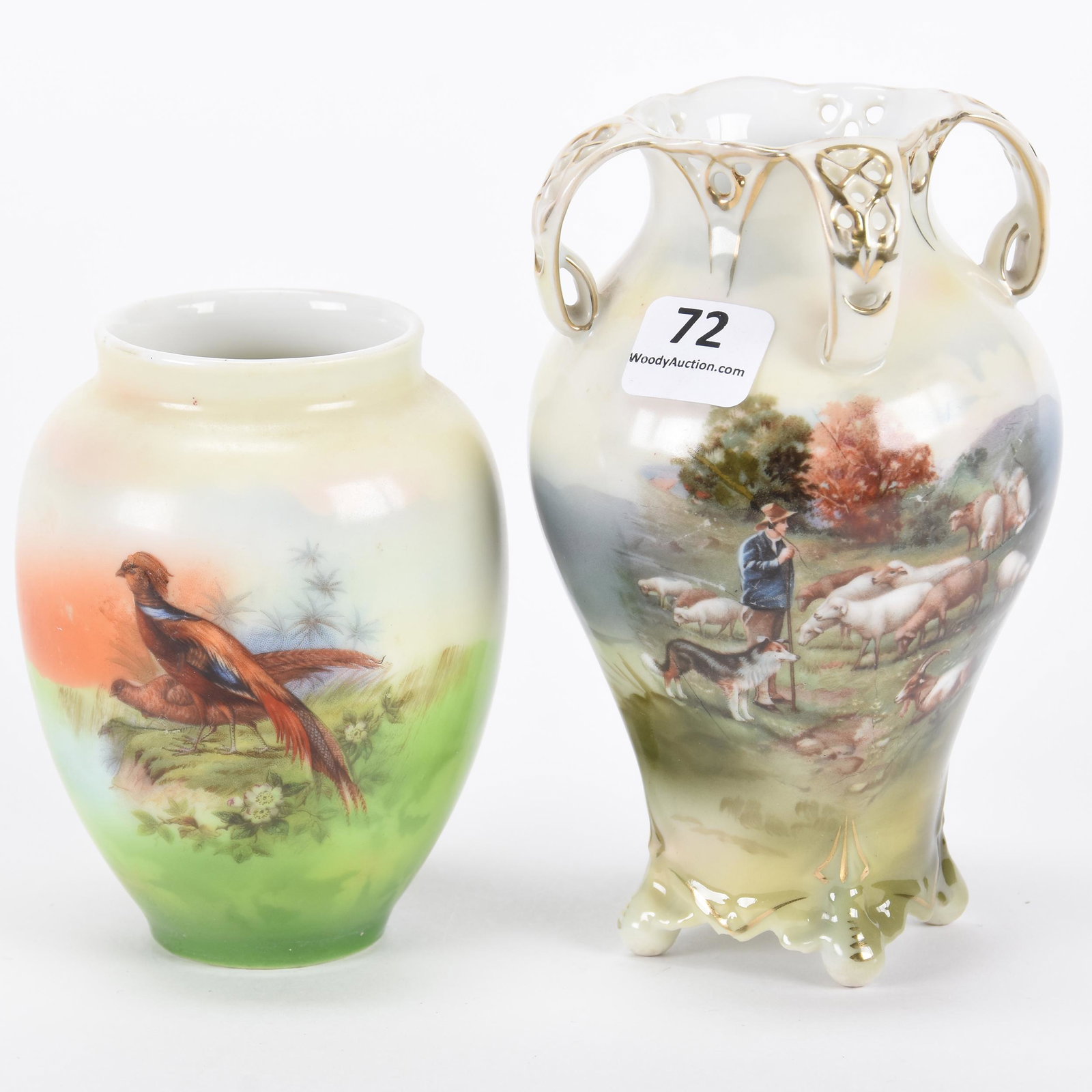 (2) Vases by Royal Bayreuth: (2) Vases by Royal Bayreuth; 5.25", 4" (1) 5.25", unmarked, four handles, shepherd with flock and dog scenic decor; (1) 4", green mark, pheasant decor ; Hopper Collection, Kansas