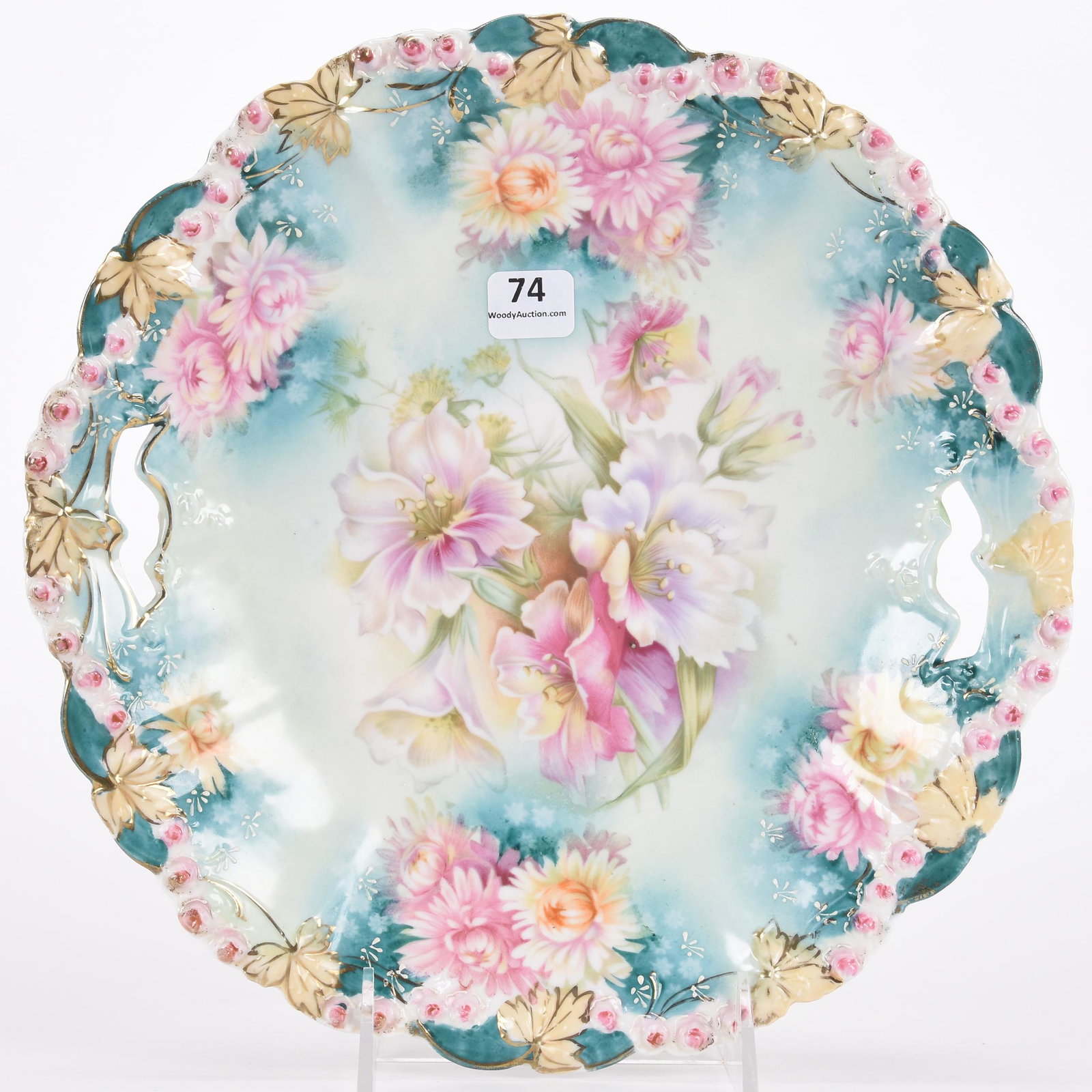 Cake plate, unmarked Prussia: Cake plate, unmarked Prussia; 10.25" Rosebud mold, blue/green tones with colorful floral decor; Hopper Collection, Kansas