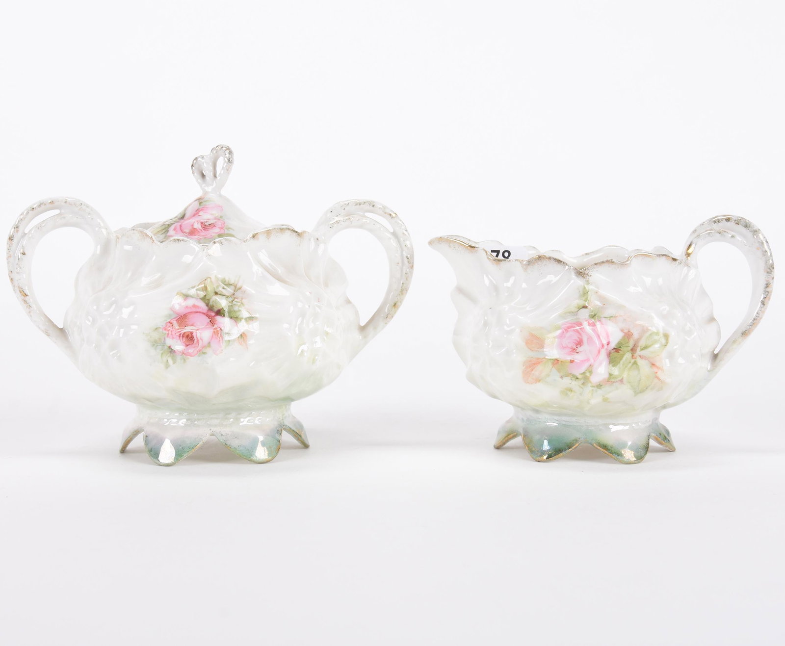 Creamer & sugar set marked R.S. Prussia: Creamer & sugar set marked R.S. Prussia; Sunflower mold, white and green lustre finish with pink rose decor ; Hopper Collection, Kansas