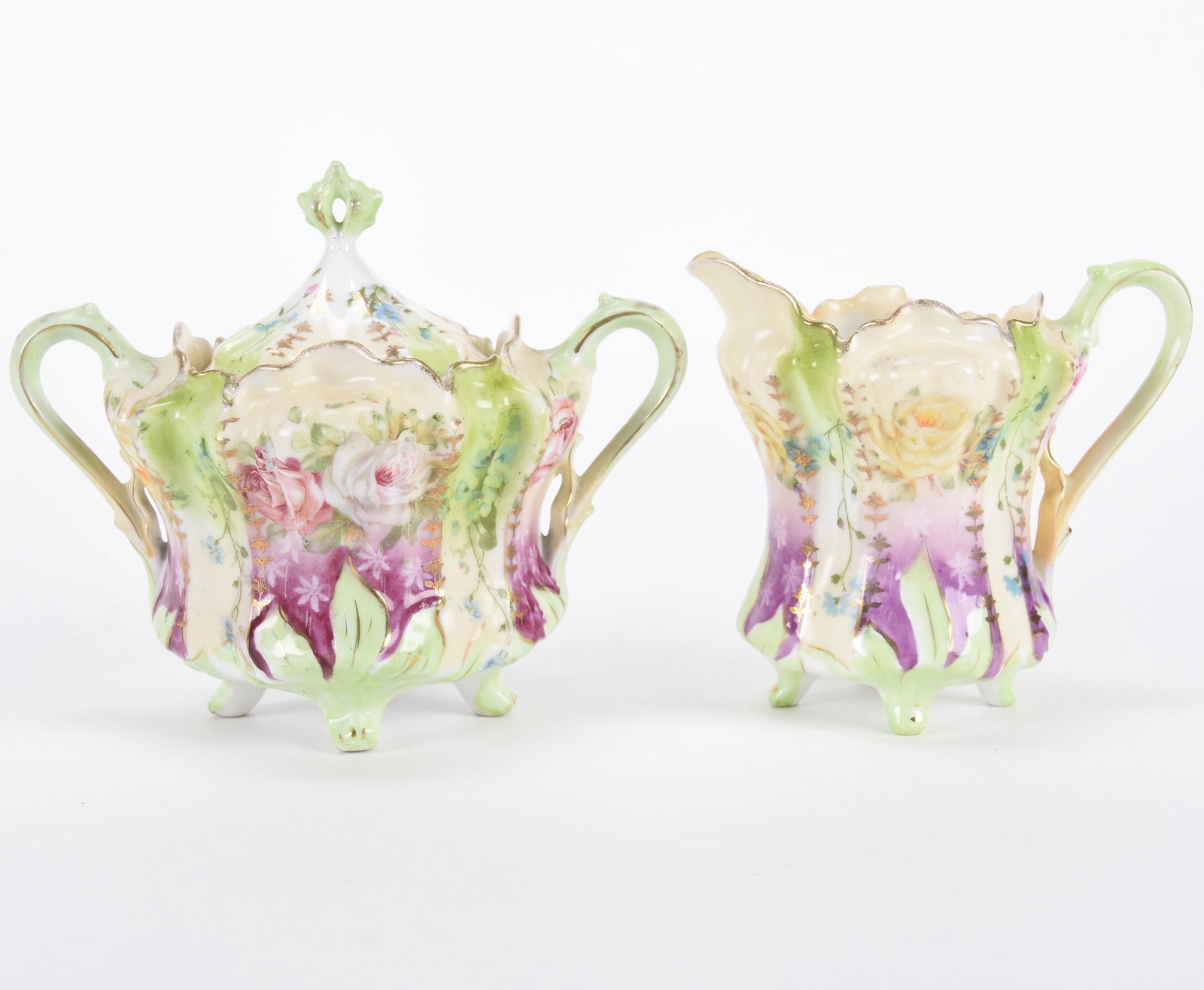 Creamer & sugar set, unmarked Prussia: Creamer & sugar set, unmarked Prussia; Cream, lavender and green tones with rose decor ; Hopper Collection, Kansas