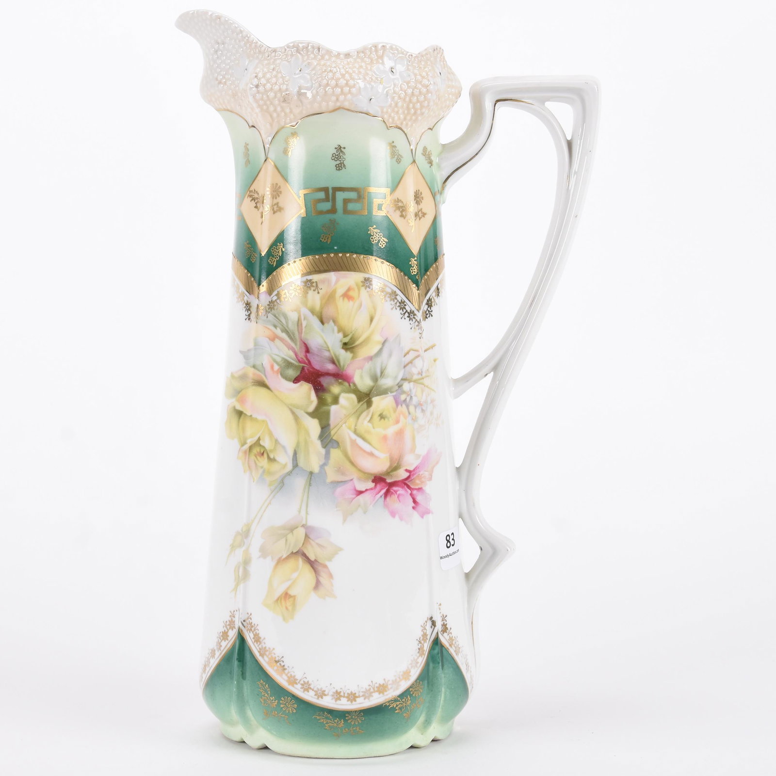 Tankard, unmarked Prussia: Tankard, unmarked Prussia; 13.25" Stipple mold, white and green tones with rose decor, nice gold stencil highlights ; Hopper Collection, Kansas
