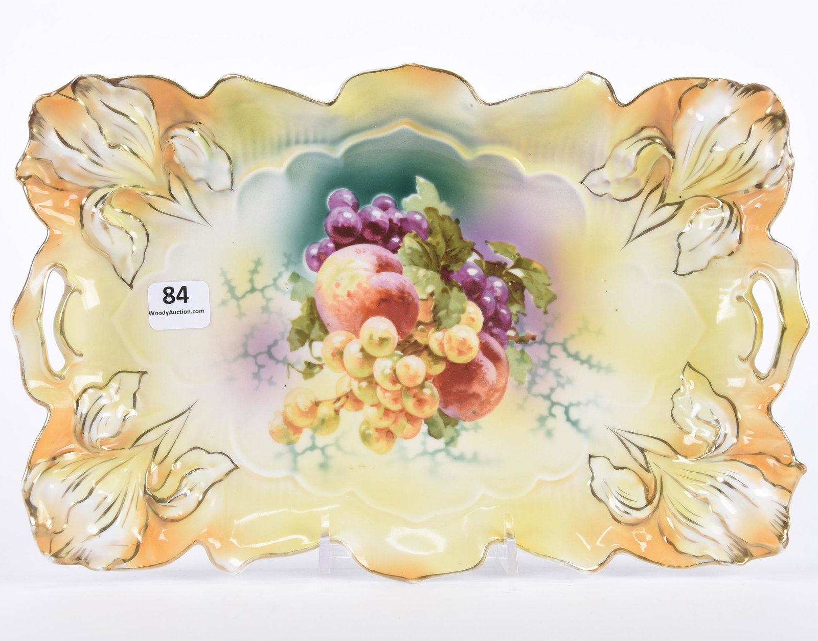 Dresser tray marked R.S. Prussia: Dresser tray marked R.S. Prussia; 11.25" Iris mold, yellow, orange, lavender and green tones with fruit decor ; Hopper Collection, Kansas