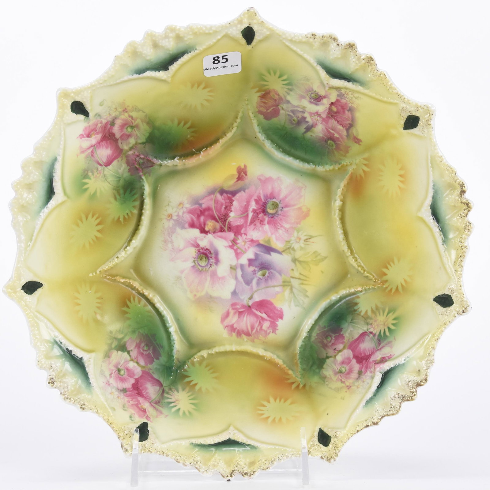 Bowl marked R.S. Prussia: Bowl marked R.S. Prussia; 10.5" ; Green tones with poppy decor; Hopper Collection, Kansas