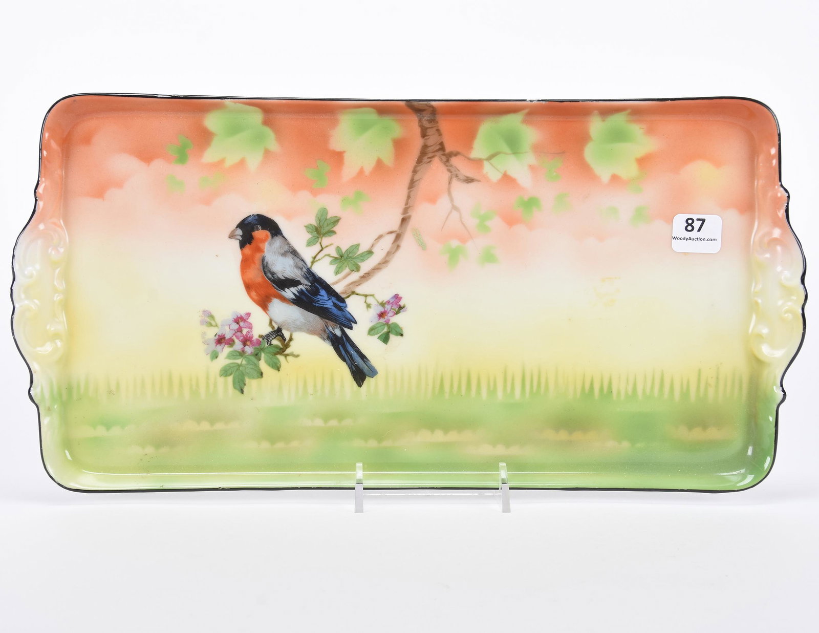 Dresser tray marked ProvSaxe: Dresser tray marked ProvSaxe; 14" x 7" Robin on branch decor, green, yellow and orange tones; Hopper Collection, Kansas