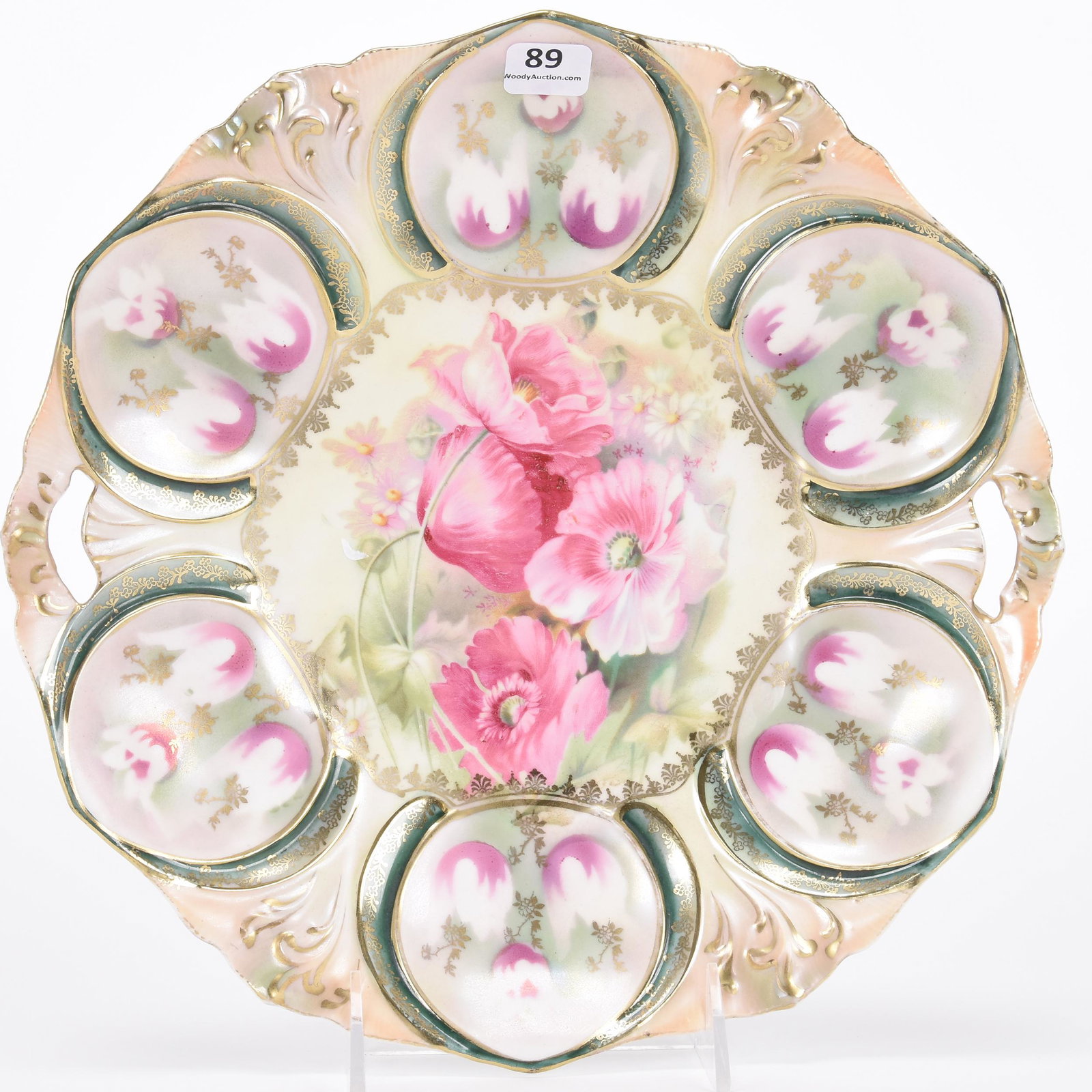 Cake plate marked R.S. Prussia: Cake plate marked R.S. Prussia; 11" Peach satin finish with green framed borders, pink poppy and tulip decor, gold stencil highlights ; Hopper Collection, Kansas