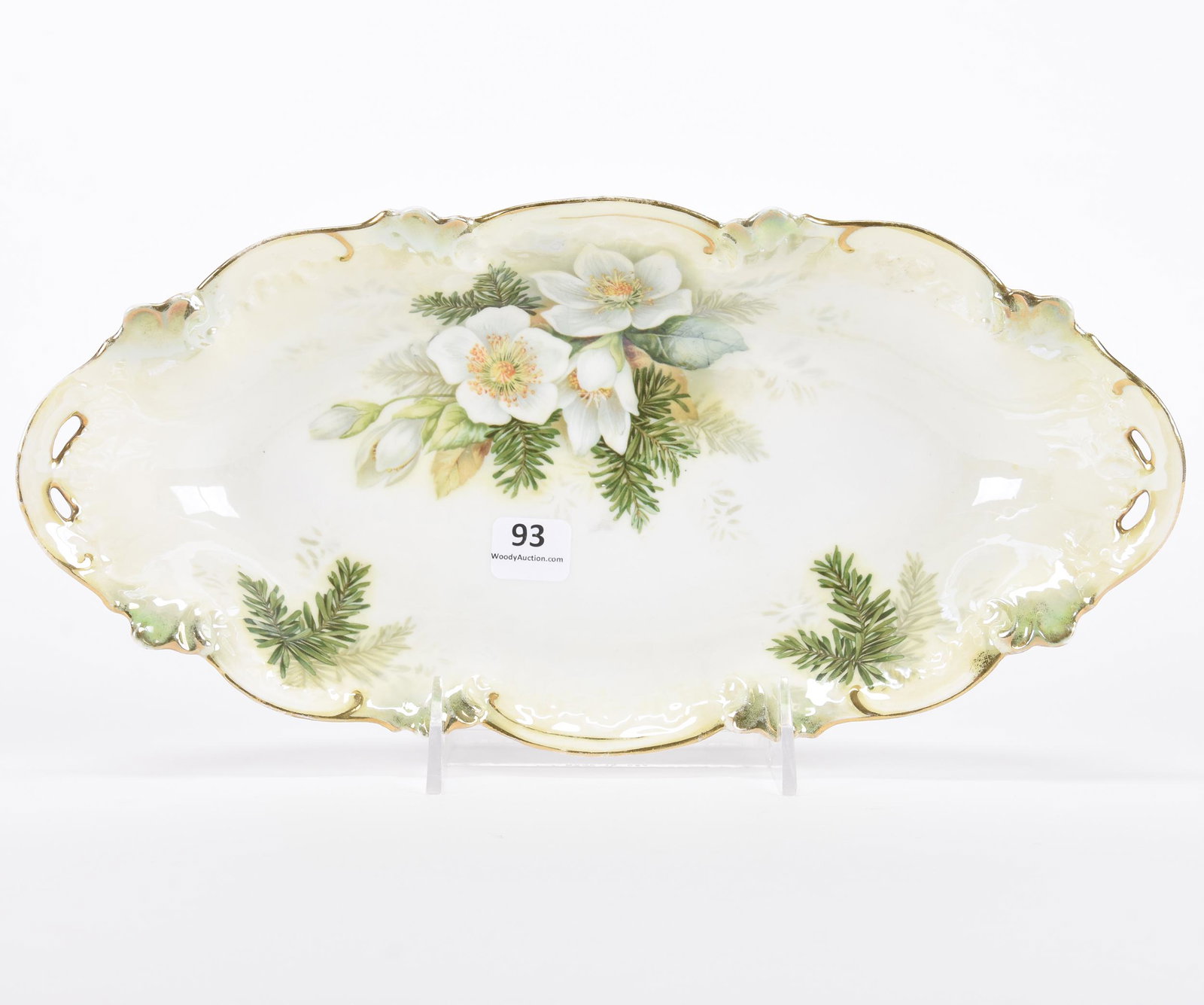 Celery tray marked R.S. Prussia: Celery tray marked R.S. Prussia; 12" White and green lustre finish with pine blossom decor; Hopper Collection, Kansas