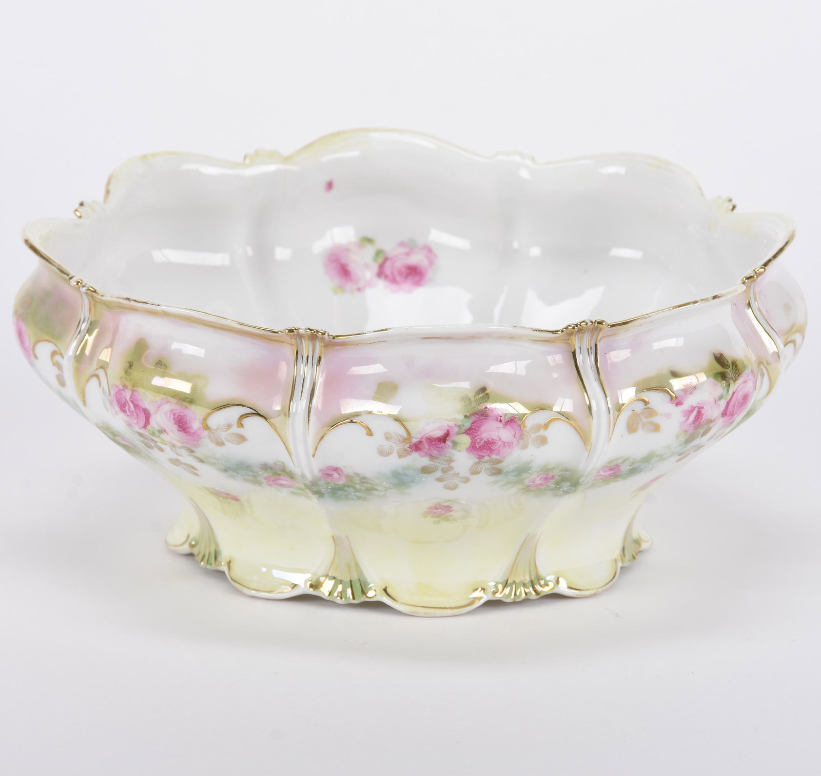 Bowl marked R.S. Prussia: Bowl marked R.S. Prussia; 9.25" Green, white and pink lustre finish, rose garland decor with gold stencil highlights ; Hopper Collection, Kansas
