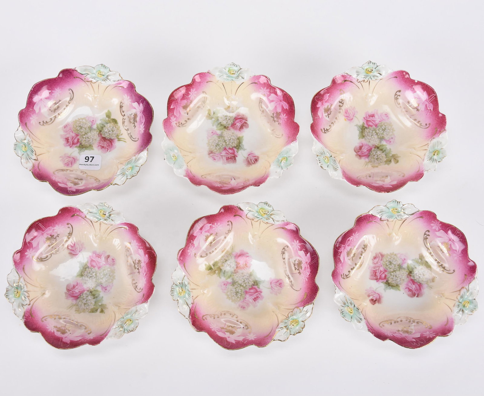 Set of (6) sauce dishes, unmarked Prussia: Set of (6) sauce dishes, unmarked Prussia; 5.5" Lily mold, cream and pink tones with snowball and rose decor ; Hopper Collection, Kansas