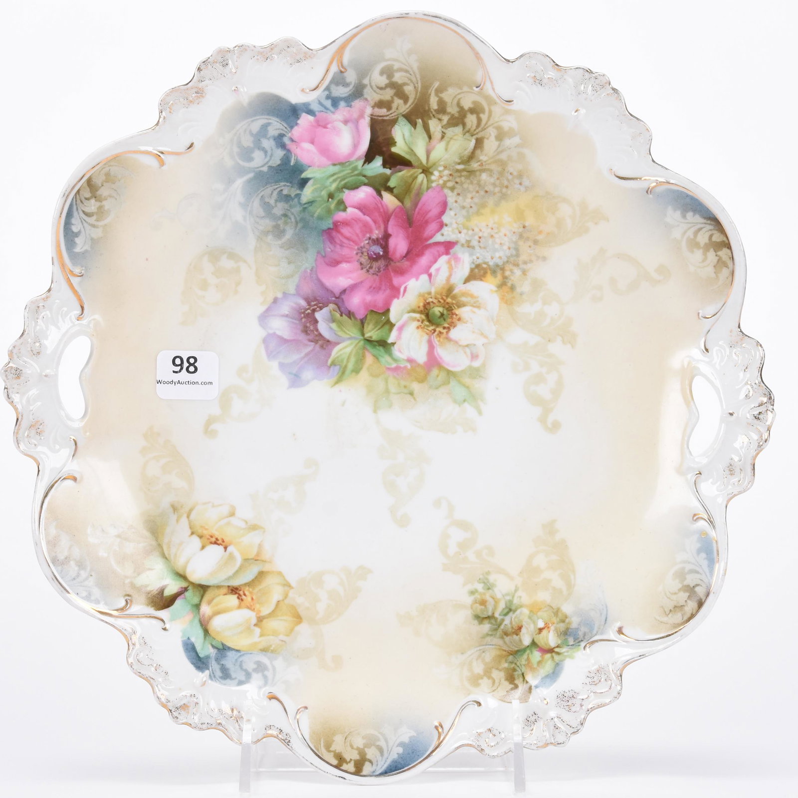 Cake plate marked R.S. Prussia: Cake plate marked R.S. Prussia; 10.5" Cream, blue and white tones with poppy decor; Hopper Collection, Kansas