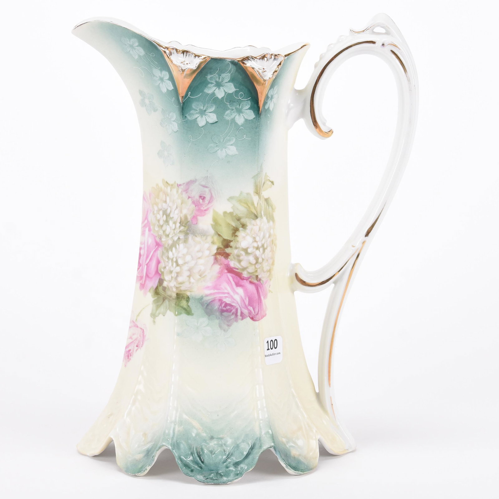 Tankard, unmarked Prussia: Tankard, unmarked Prussia; 11.25" Scalloped ripple mold, yellow and cream tones with snowball and rose decor; Hopper Collection, Kansas