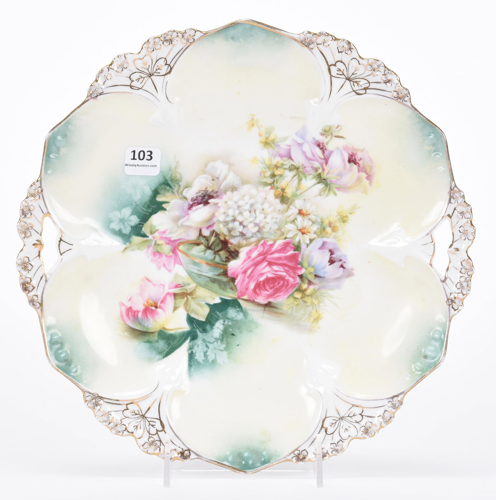 Cake plate marked R.S. Prussia: Cake plate marked R.S. Prussia; 11" Point and clover mold, cream and green tones with glass bowl scenic decor ; Hopper Collection, Kansas