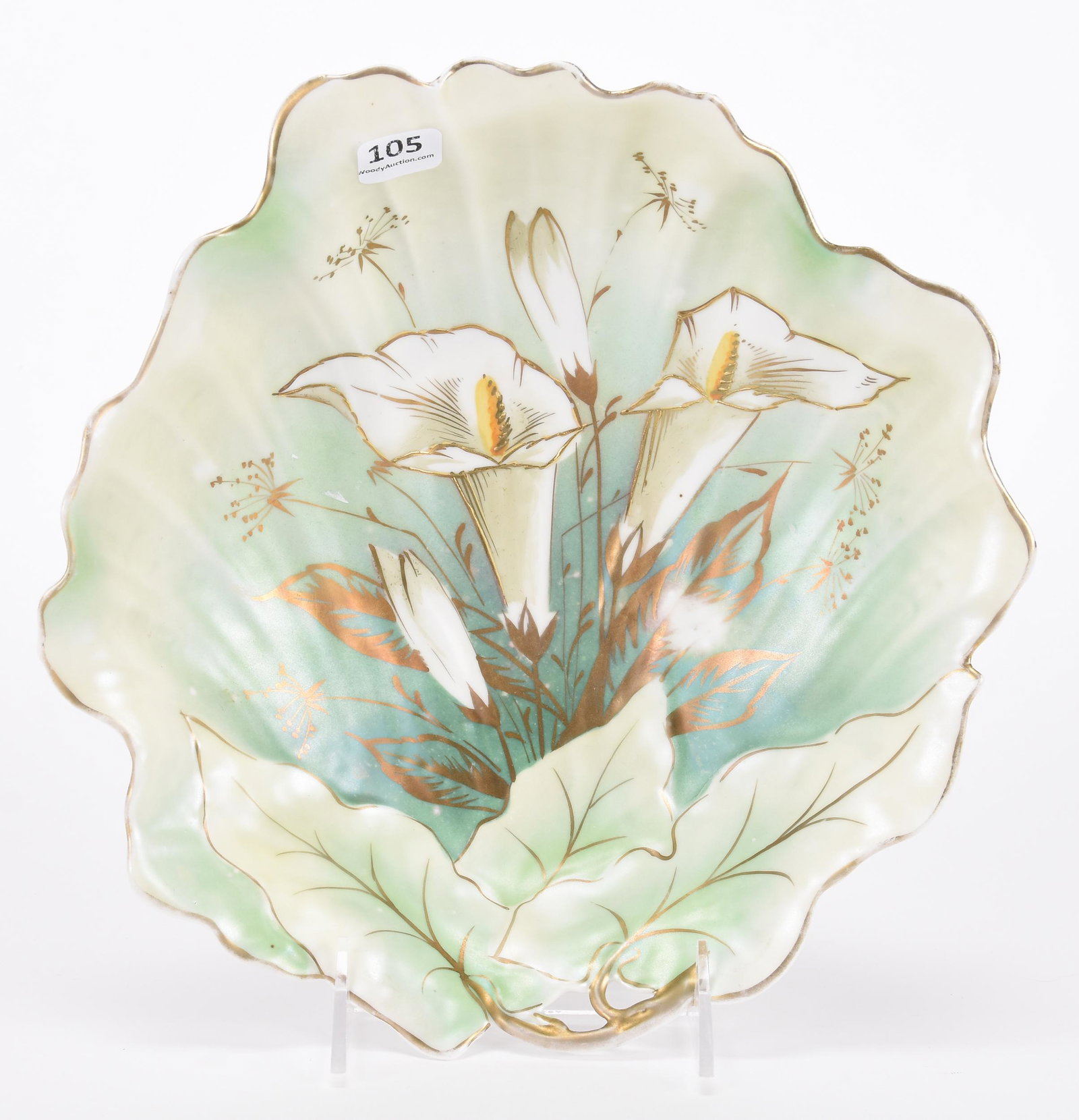 Bowl, unmarked Prussia: Bowl, unmarked Prussia; 10.25" Leaf mold, green satin finish with stylized tulip decor and gold stencil highlights, faint marking on back indicates "Xmas 1905" Hopper Collection, Kansas