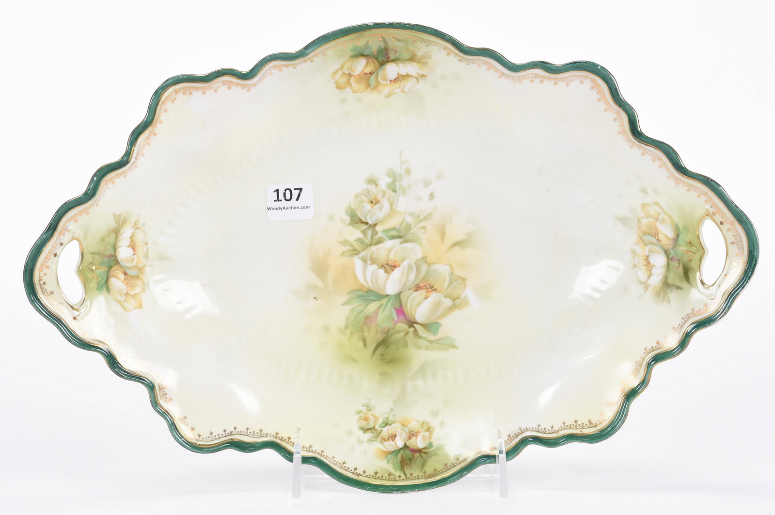 Bun tray marked R.S. Prussia: Bun tray marked R.S. Prussia; 12.75" Cream and green tones with white floral blossom decor ; Hopper Collection, Kansas