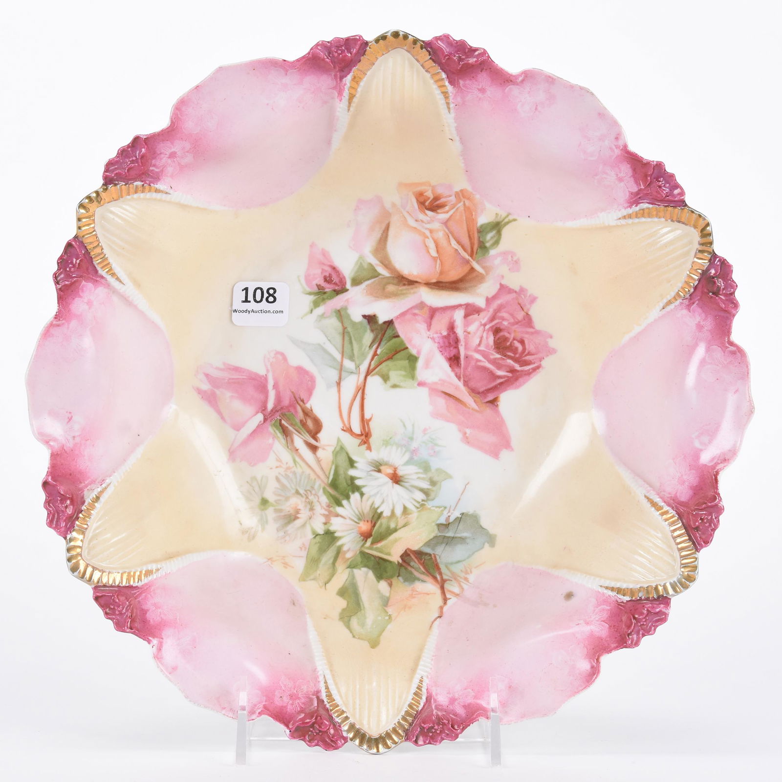 Bowl marked R.S. Prussia: Bowl marked R.S. Prussia; 10.5" Cream center with pink border, rose and daisy decor; Hopper Collection, Kansas