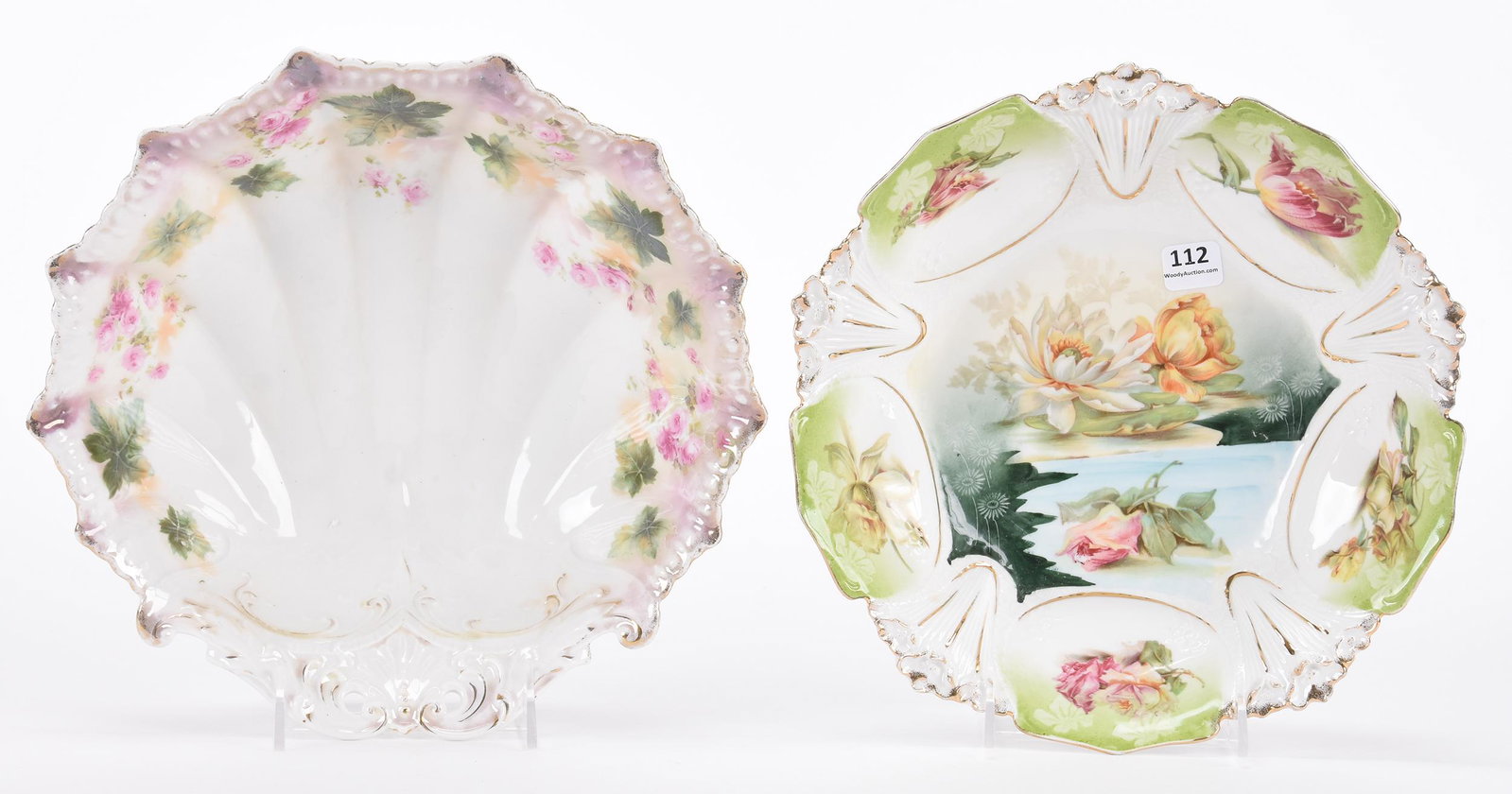 (2) Bowls marked R.S. Prussia: (2) Bowls marked R.S. Prussia; 10.25" (1) Green and white with waterlily and tulip decor; (1) Shell mold, white and lavender lustre finish with pink rose decor; Hopper Collection, Kansas